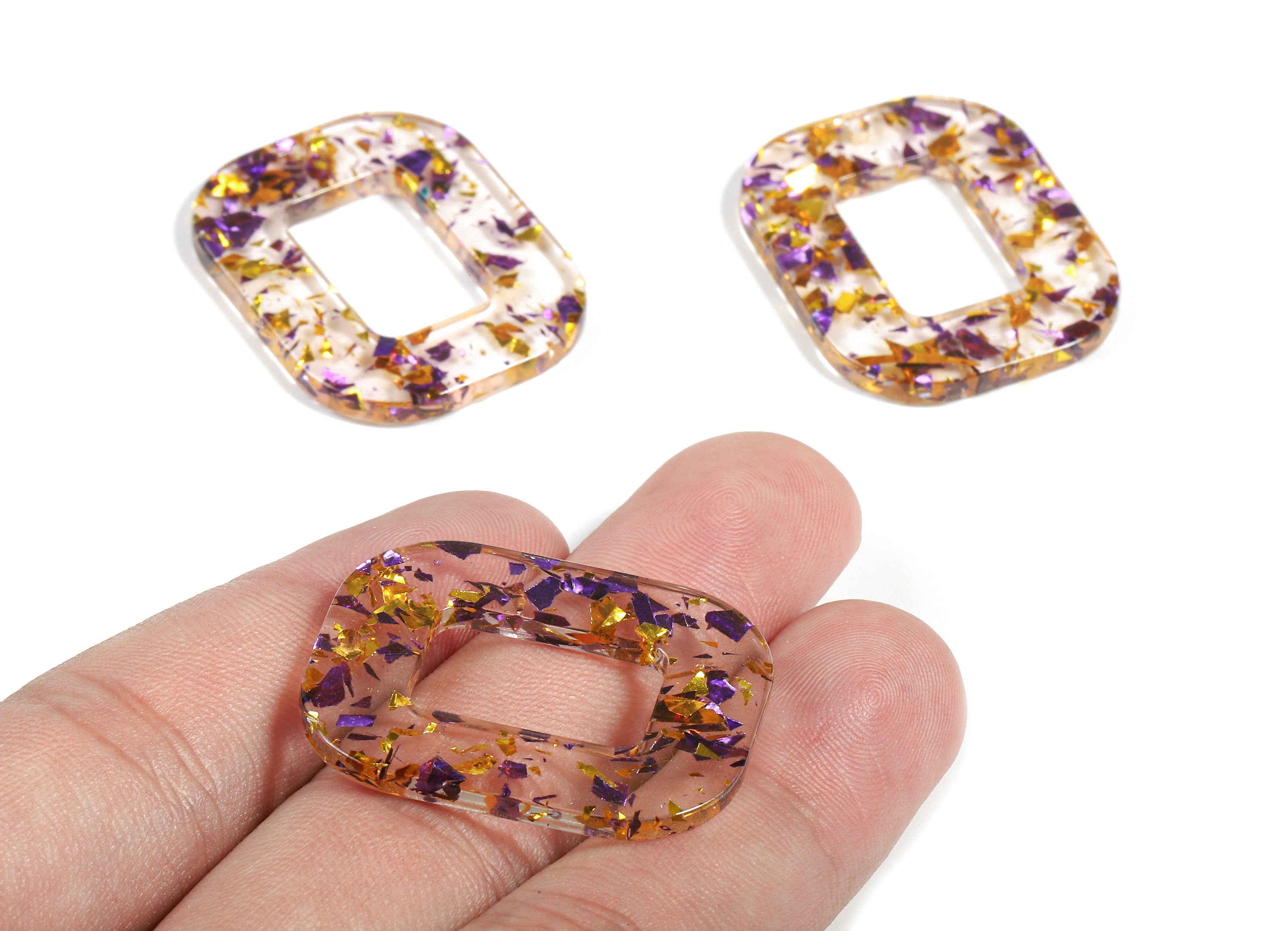 Acetate Rectangle Charms - Rectangle Earrings and Pendant - Purple & Gold Confetti - Color Code: A388 - 32.4x26.5x2.47mm - AC1080-A388 - DOMEDBAZAAR