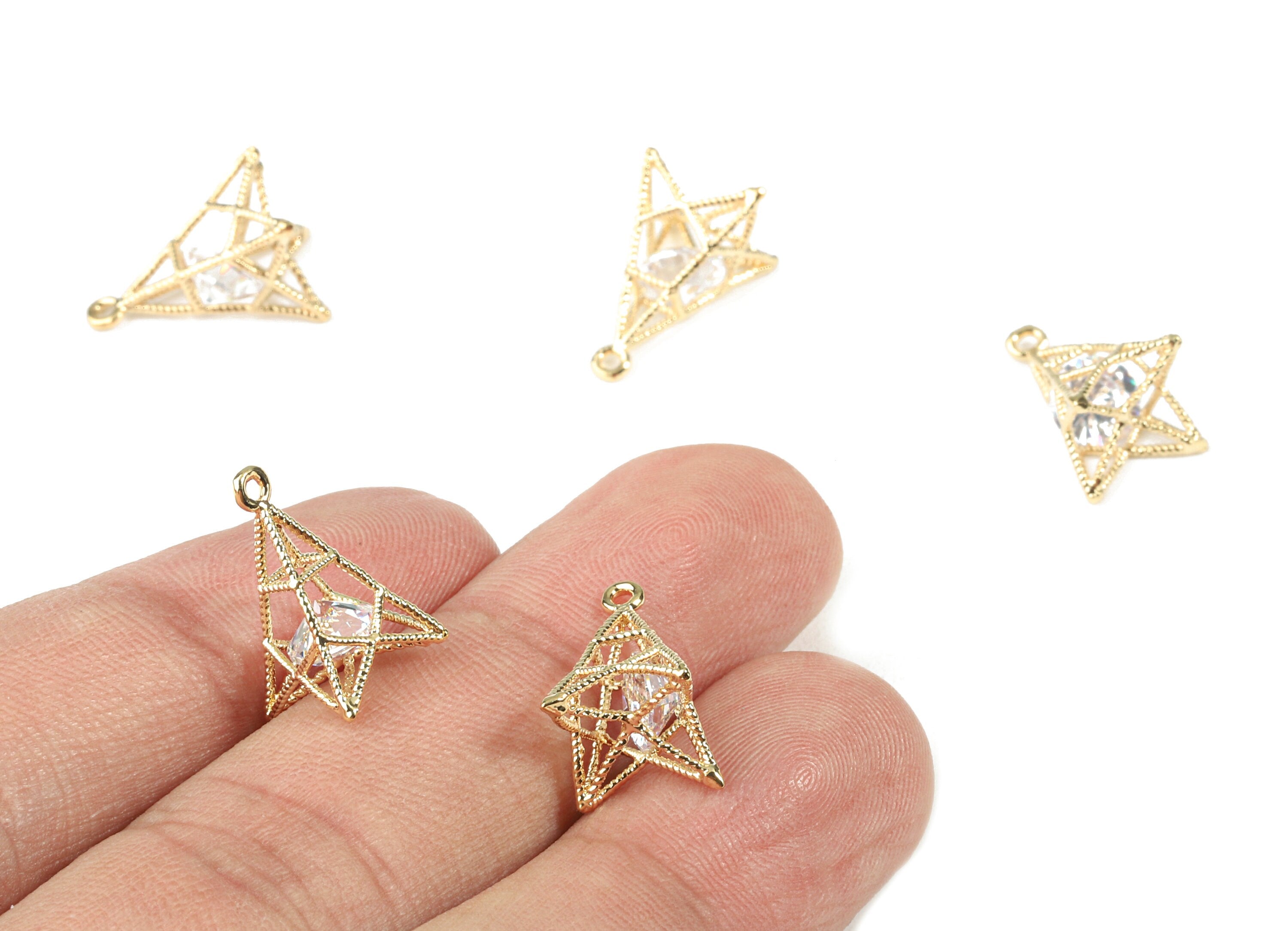 Brass Wire Mini Pyramid Earring Charm With Glass - Brass Wire Mini Pyramid Pendant - 18k Real Gold Plating Brass - 15.98x9.1x0.8mm - RGP2285 - DOMEDBAZAAR
