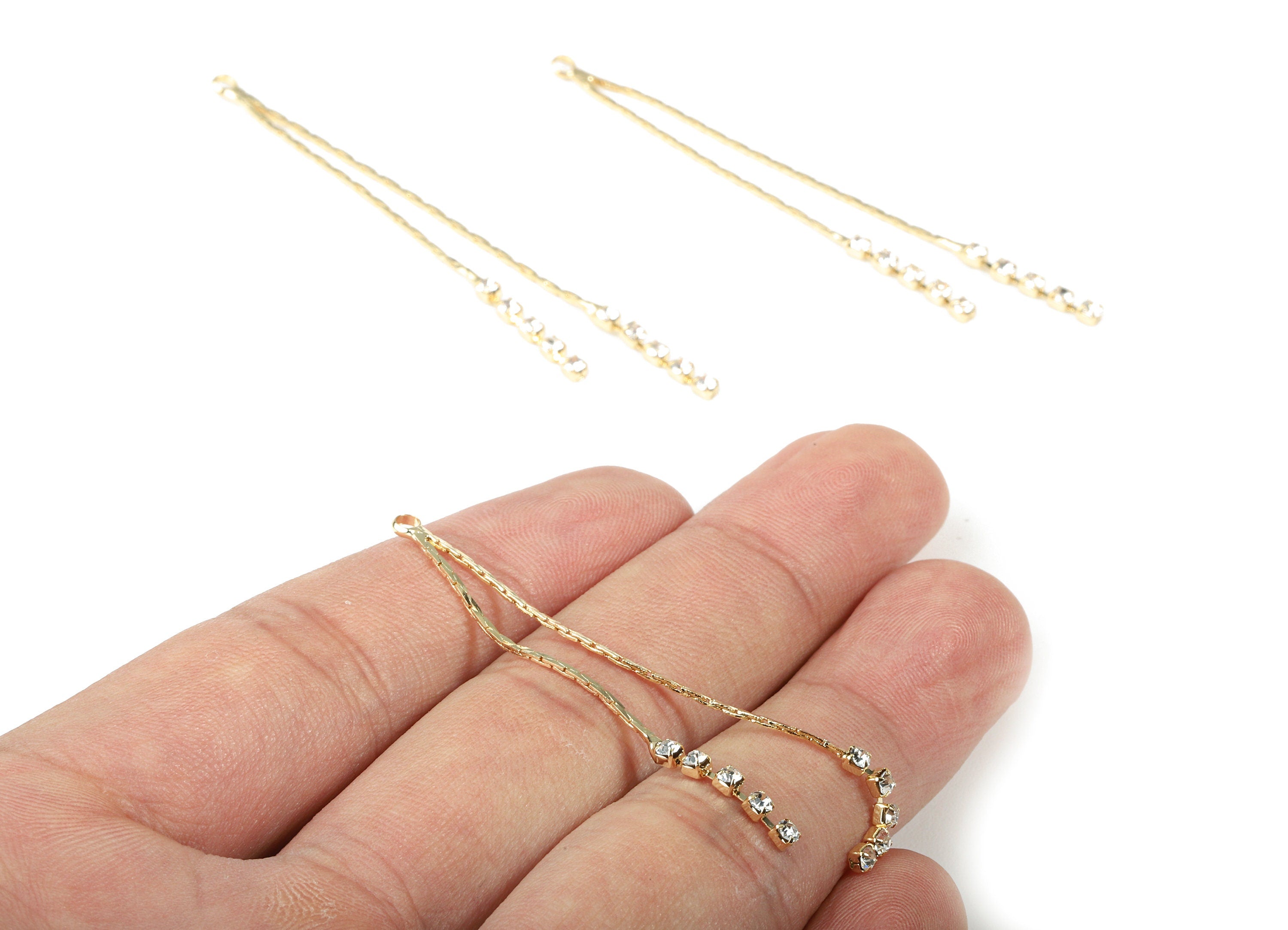 Brass Tassel Rhinestone Cup Chain Earring Charms - Brass Snake Chain Pendant - 18k Real Gold Plating Brass - 62.44x2.83x1.91mm - RGP2290 - DOMEDBAZAAR