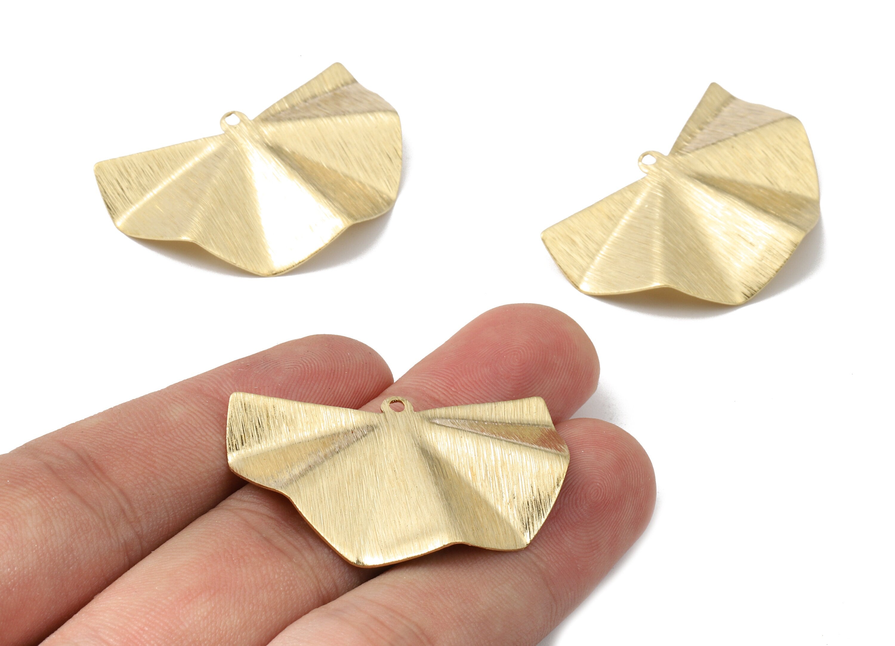 Brass Wavy Texture Fan Charms - Raw Brass Wavy Fan Earrings and Pendant - Brass Texture Fan Necklace - 38.31x22.96x1.45mm - PP2563 - DOMEDBAZAAR