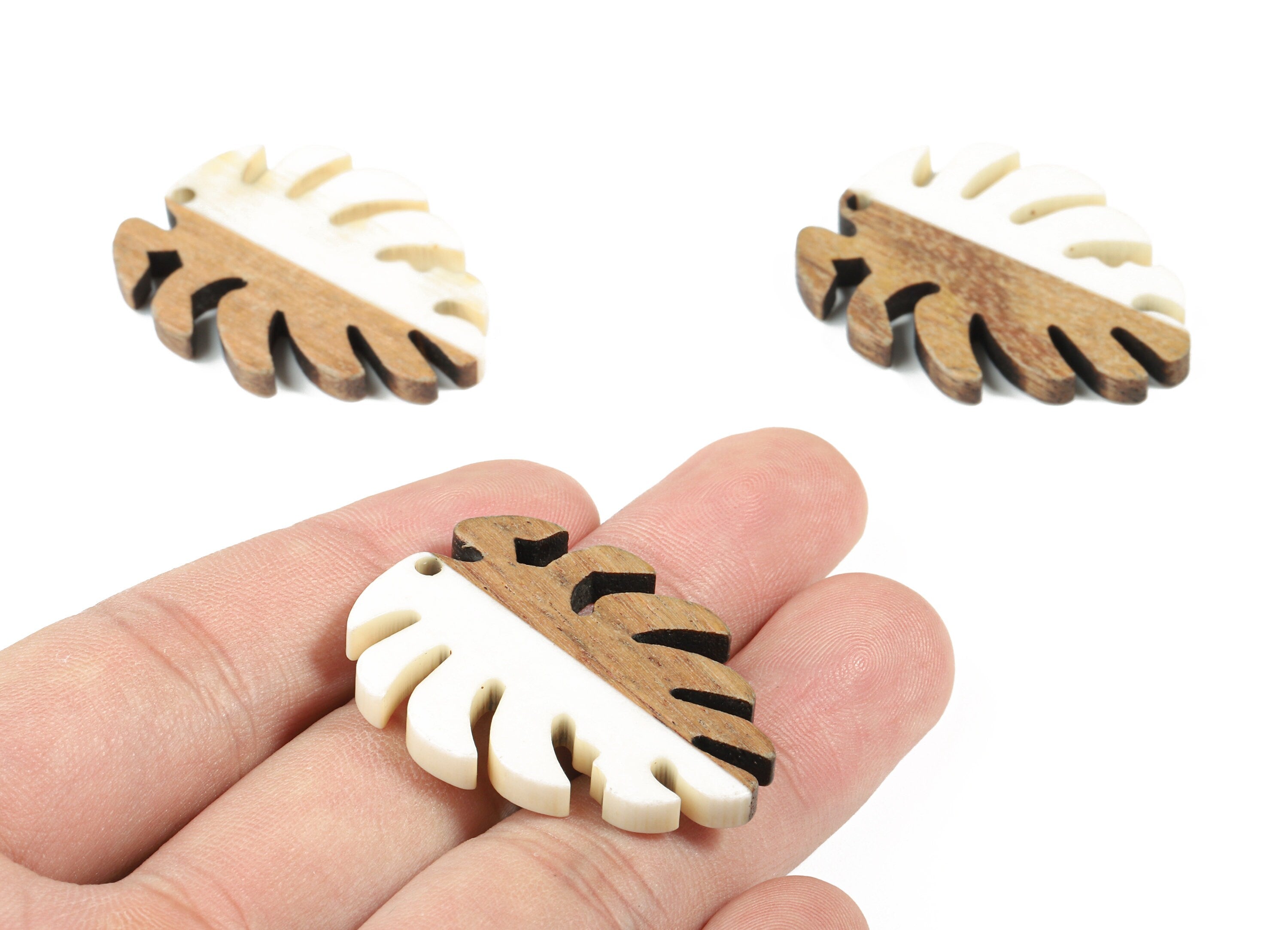 Epoxy Redwood Monstera Charm - Epoxy Resin Wood Leaf Pendant - Redwood and Resin Necklace - Jewelry Supplies - 38.26x29.06x3.67mm - BB1095F - DOMEDBAZAAR