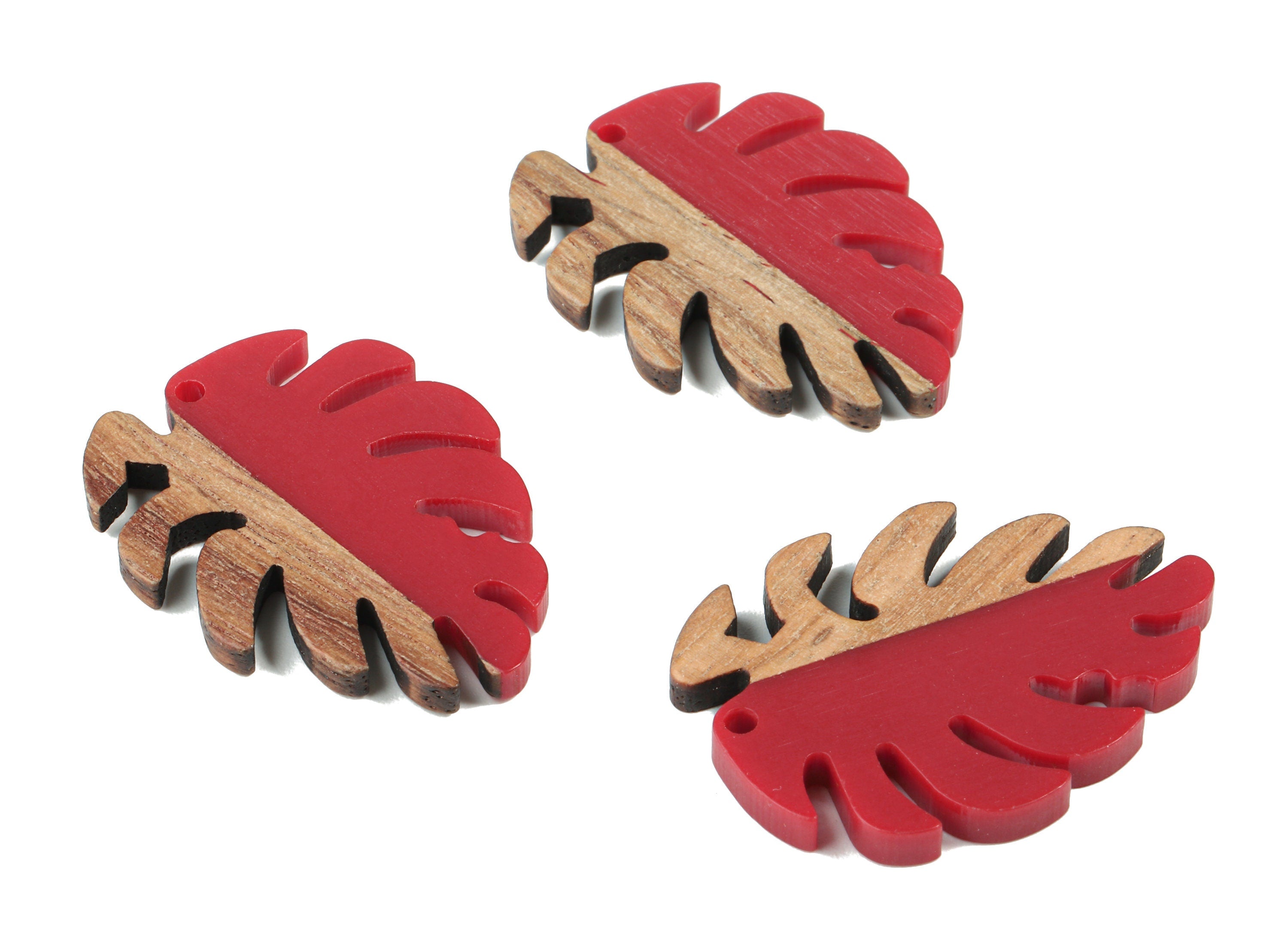 Epoxy Redwood Monstera Charm - Epoxy Resin Wood Leaf Pendant - Redwood and Resin Necklace - Jewelry Supplies - 38.26x29.06x3.67mm - BB1095J - DOMEDBAZAAR