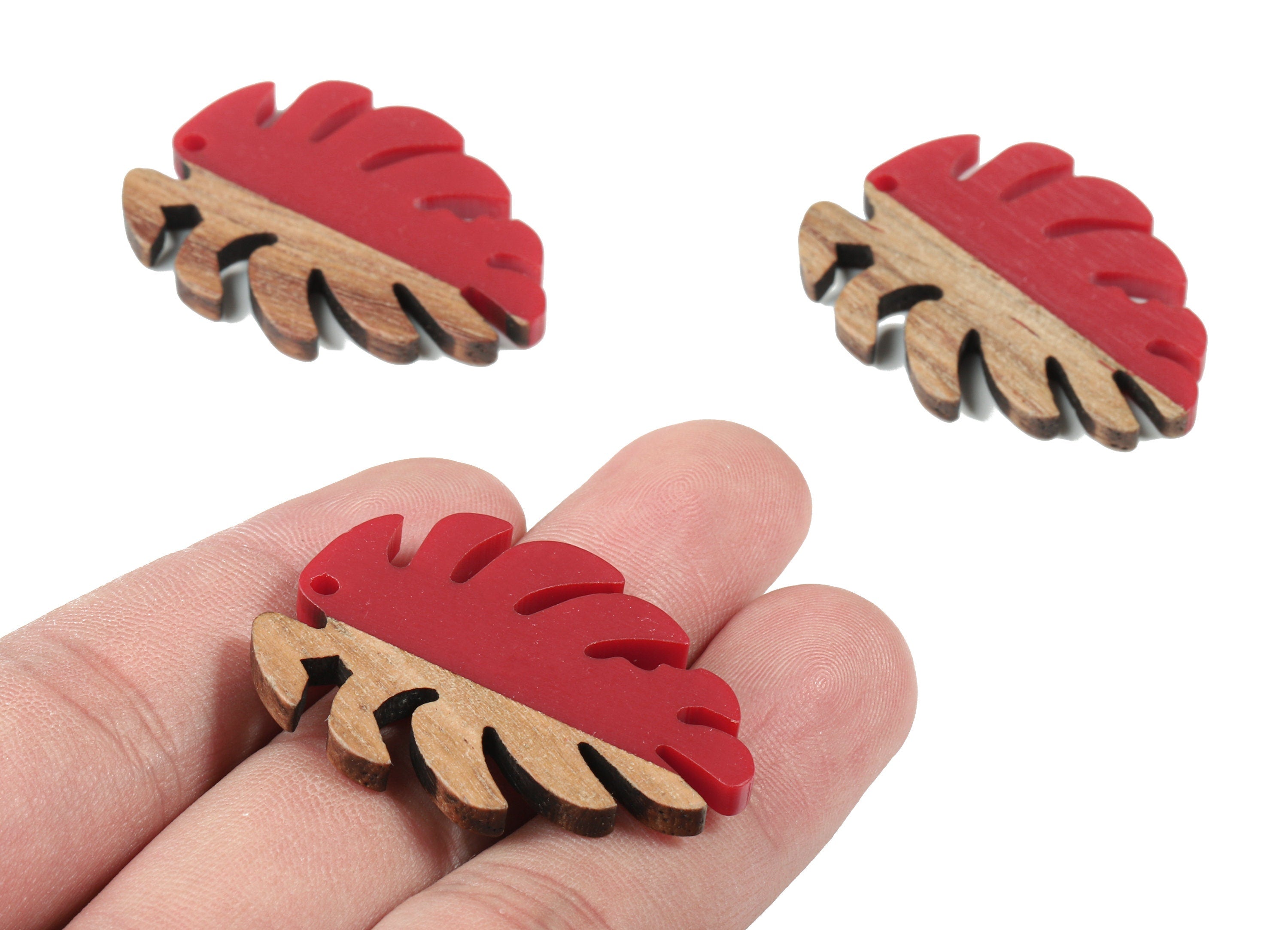 Epoxy Redwood Monstera Charm - Epoxy Resin Wood Leaf Pendant - Redwood and Resin Necklace - Jewelry Supplies - 38.26x29.06x3.67mm - BB1095J - DOMEDBAZAAR