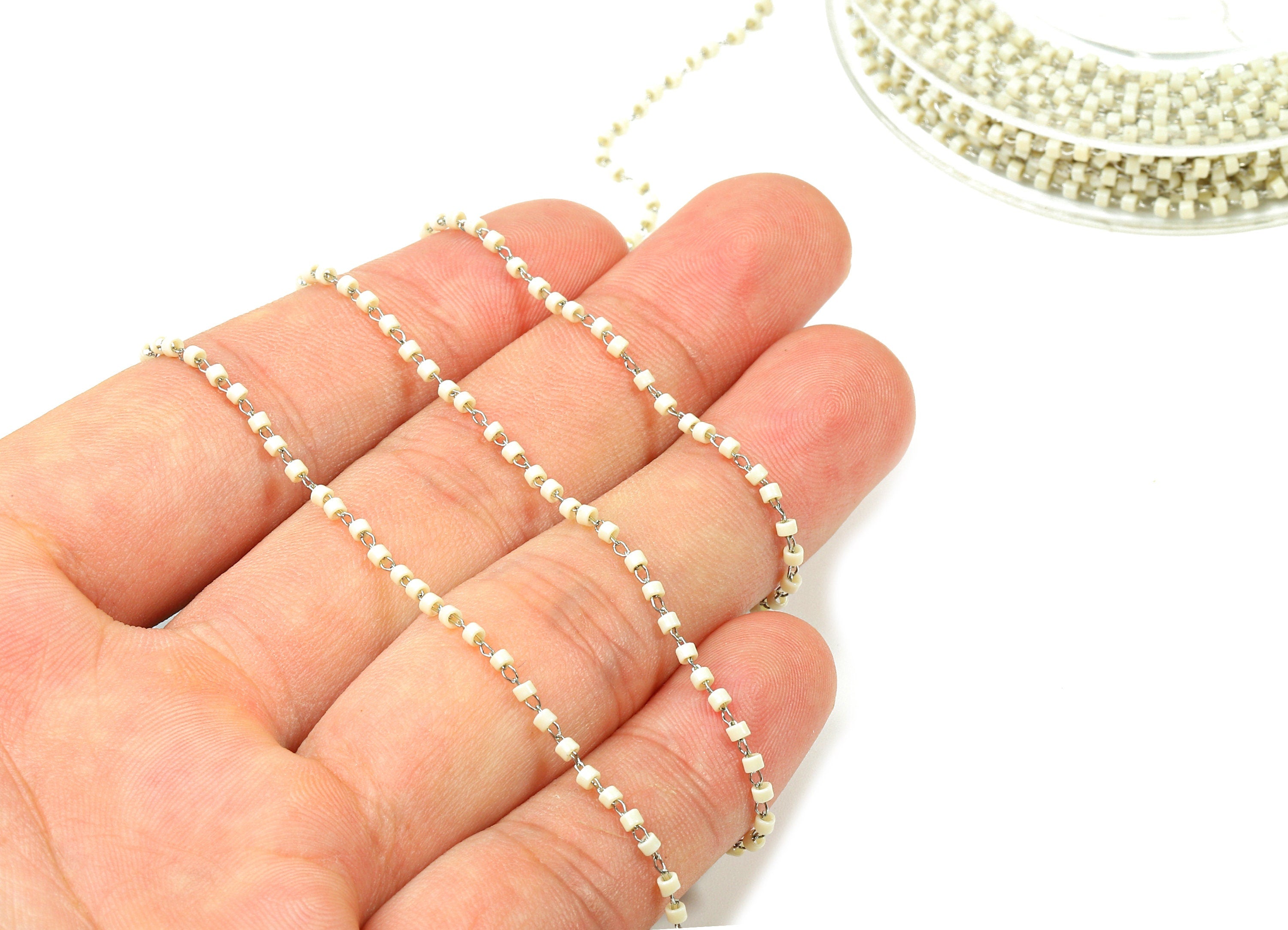 Toho Glass Beaded Chain - Seed Beads Chain - Beige Toho Glass Bead - Stainless Steel - Jewelry Making Chain - 1.63mm x 1.44mm - TH1019 - DOMEDBAZAAR