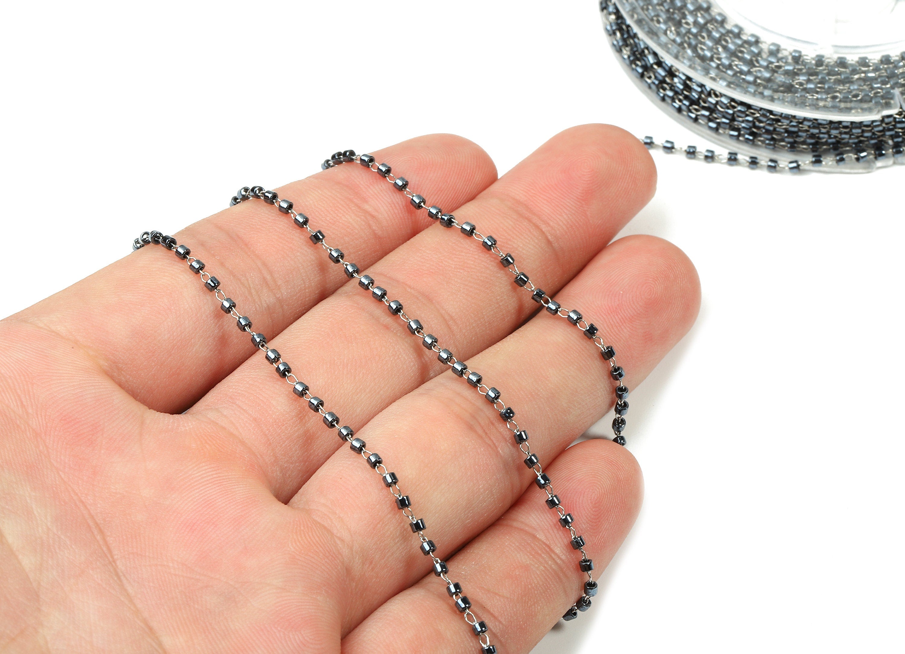 Toho Glass Beaded Chain - Seed Beads Chain - Gun Metal Toho Glass Bead - Stainless Steel - Jewelry Making Chain - 1.63mm x 1.44mm - TH1021 - DOMEDBAZAAR