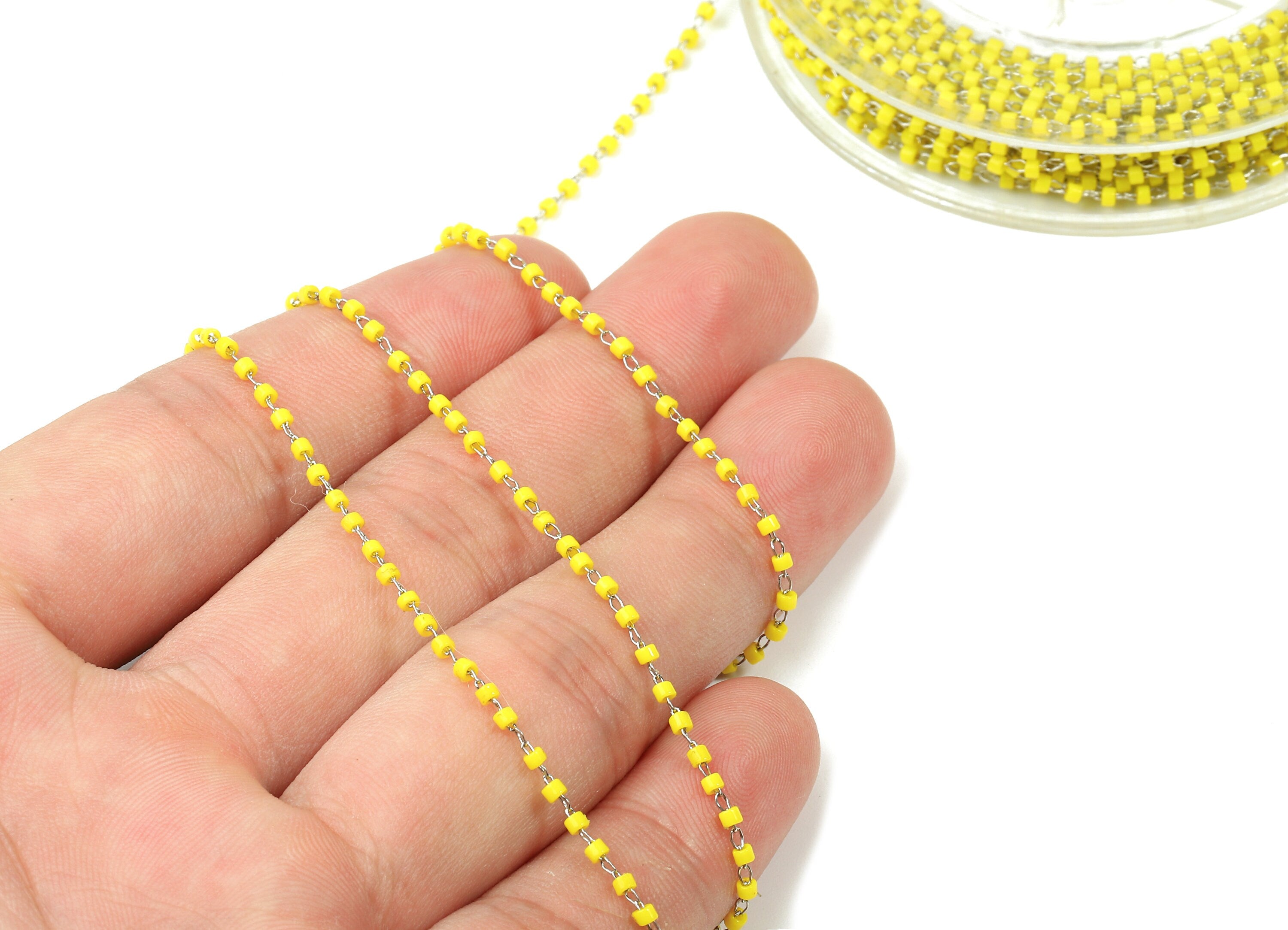 Toho Glass Beaded Chain - Seed Beads Chain - Yellow Toho Glass Bead - Stainless Steel - Jewelry Making Chain - 1.63mm x 1.44mm - TH1023 - DOMEDBAZAAR