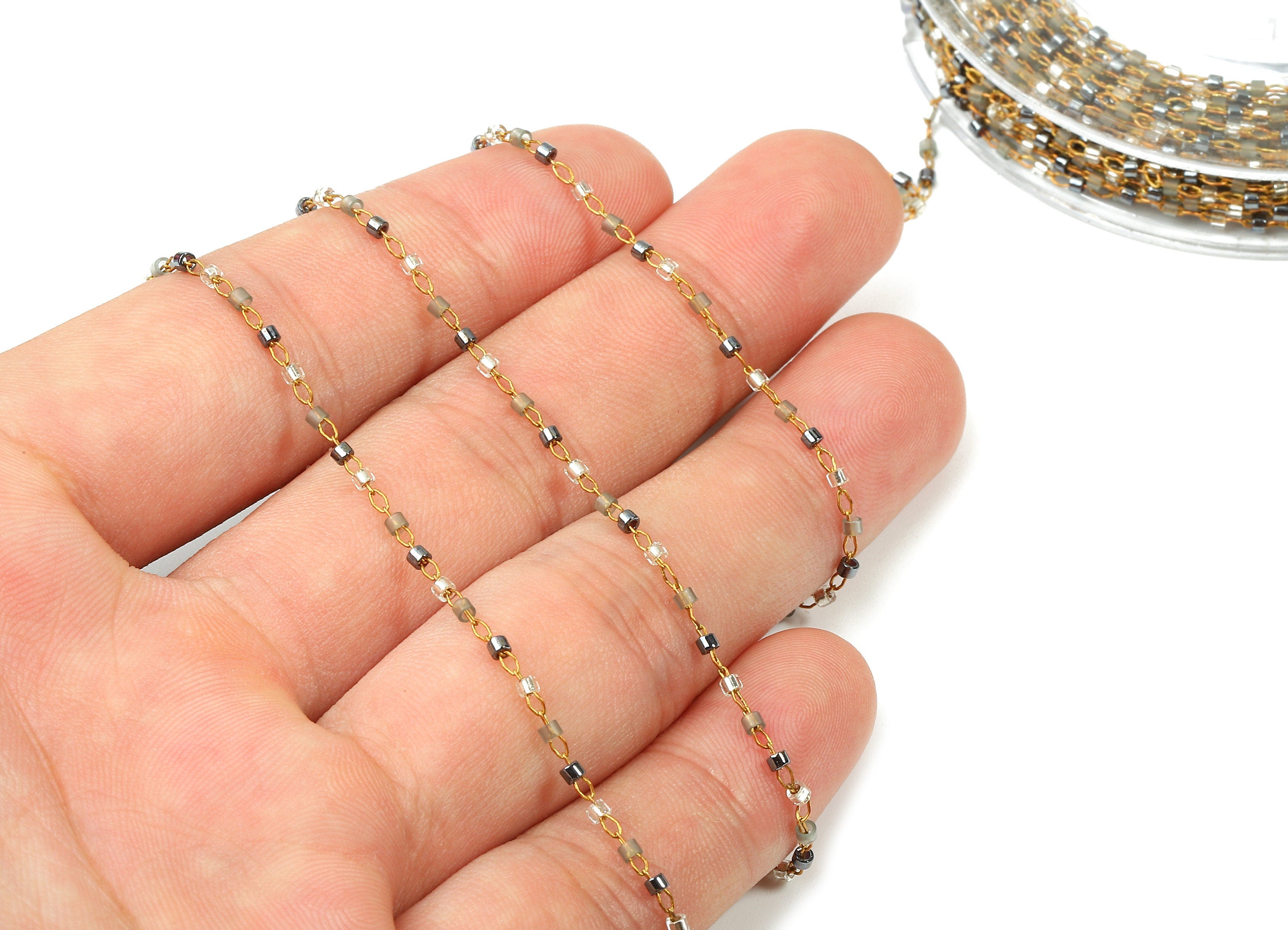 Toho Glass Beaded Chain - Seed Beads Chain - Brown Toho Glass Bead - Stainless Steel - Jewelry Making Chain - 1.63mm x 1.44mm - TH1037 - DOMEDBAZAAR