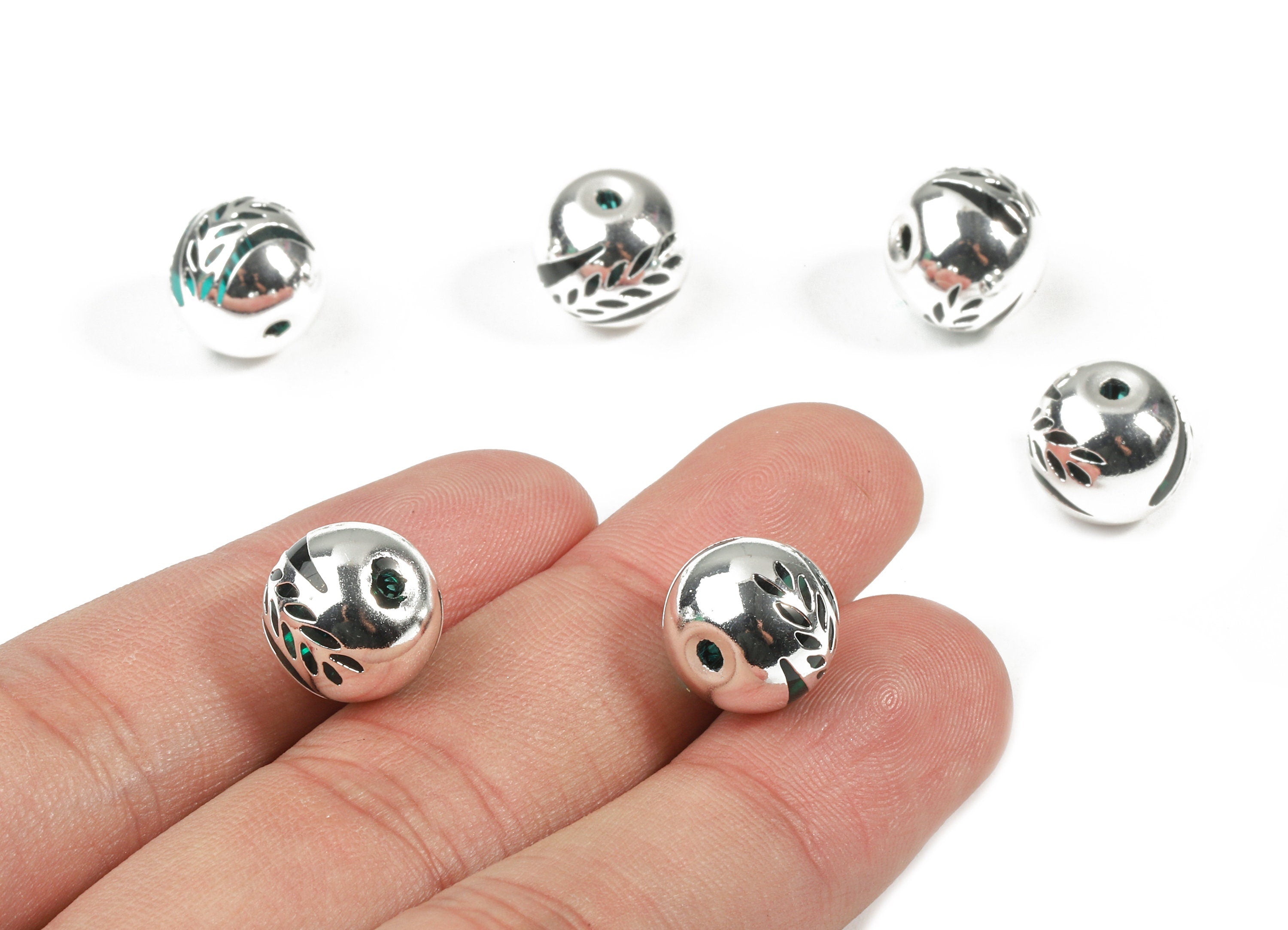 Glass Spacer Ball Beads - Copper And K9 Green Crystal Glass Beads - 925 Silver Plated Copper - Jewelry Supplies - 12.34x10.93mm - GS1006S - DOMEDBAZAAR