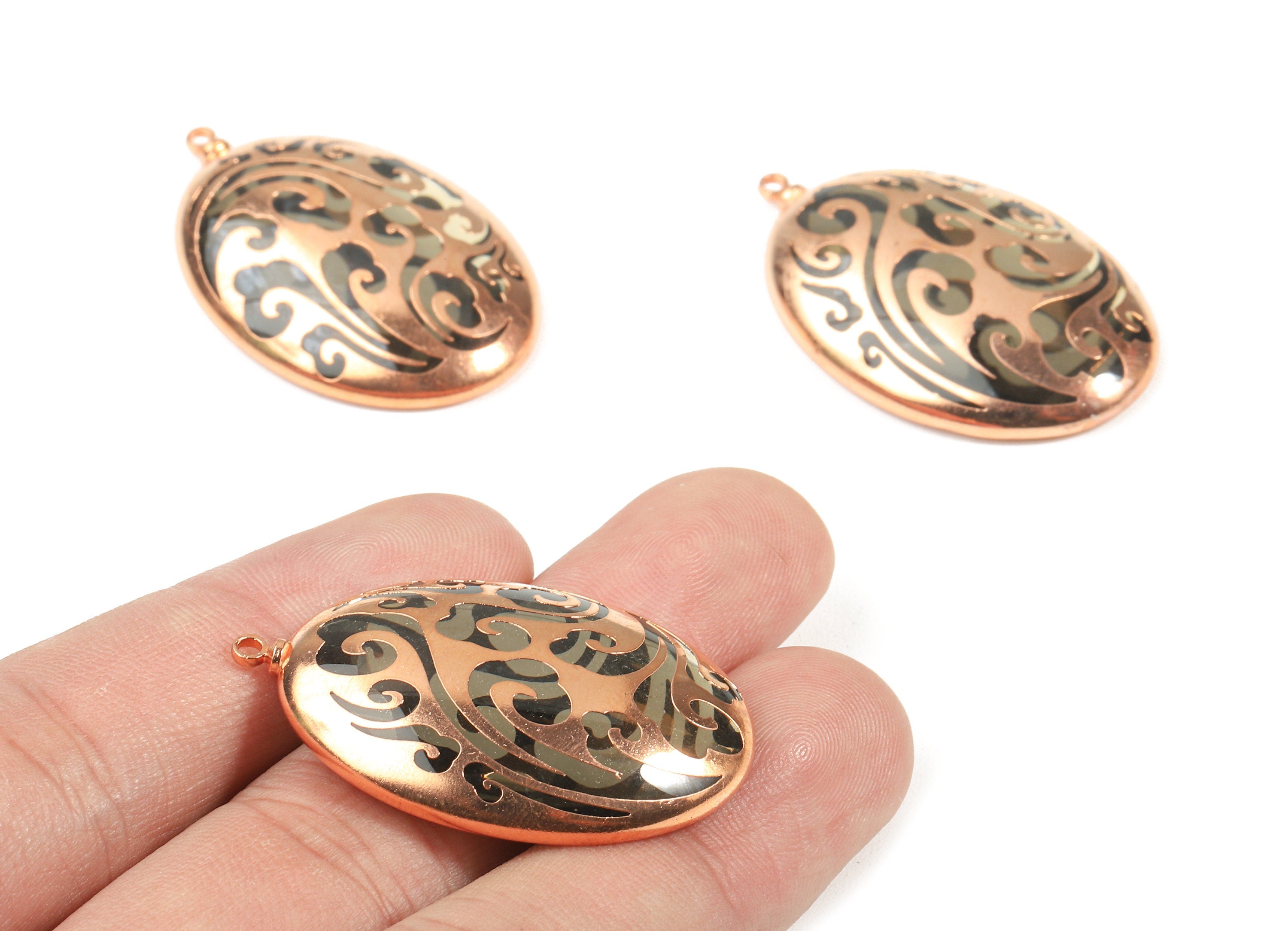 Glass Oval Charms - Copper Finished Glass Pendant - Copper And Glass Charms - Jewelry Supplies - 38.59x24.72x6.72mm - GS1023 - DOMEDBAZAAR