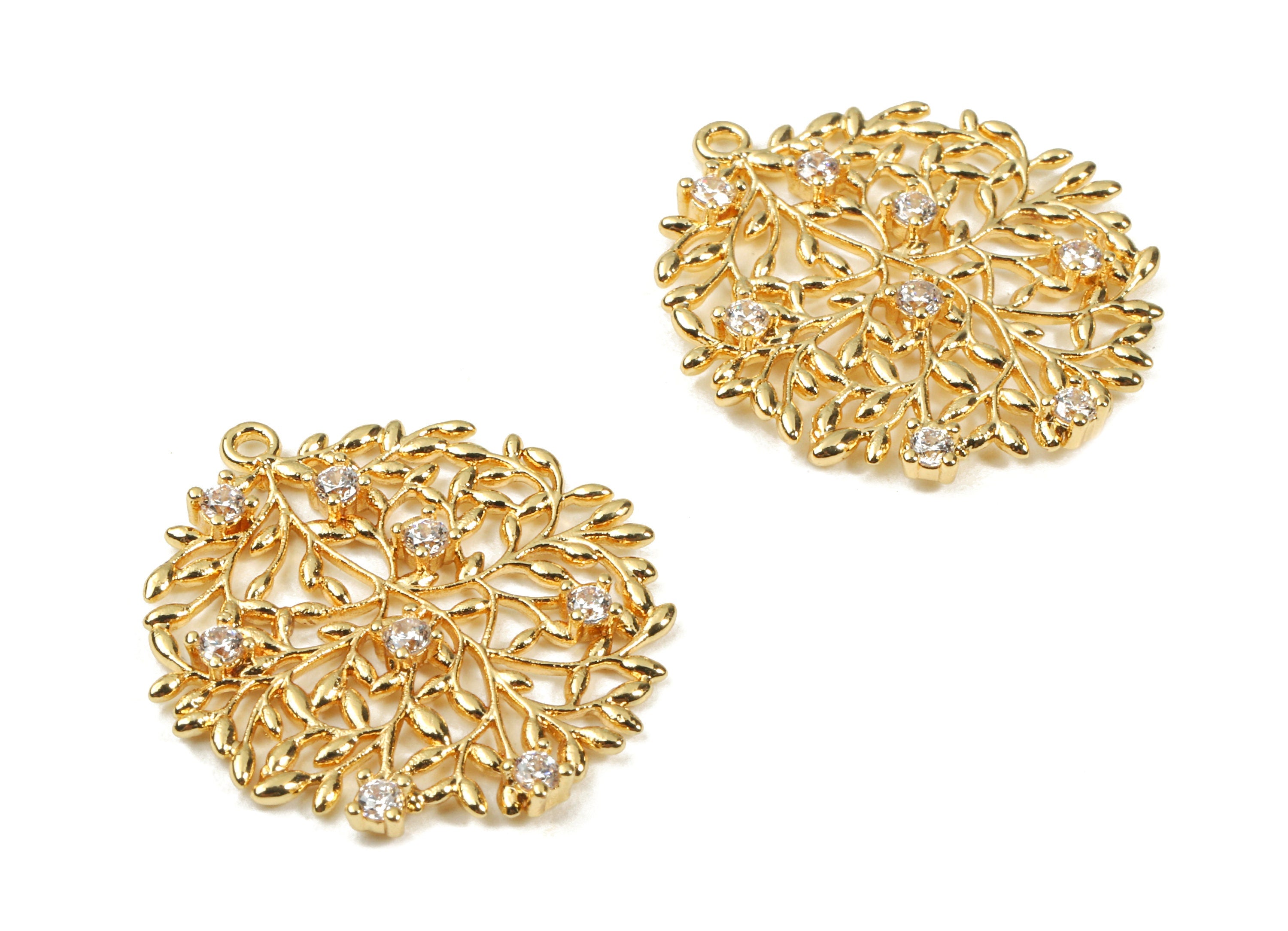 Brass Branch Charm With Zircons - Brass Earring Charm - Branch Necklace Pendant - 18K Real Gold Plating Brass - 25.87x23.23x2.38mm - RGP2331 - DOMEDBAZAAR