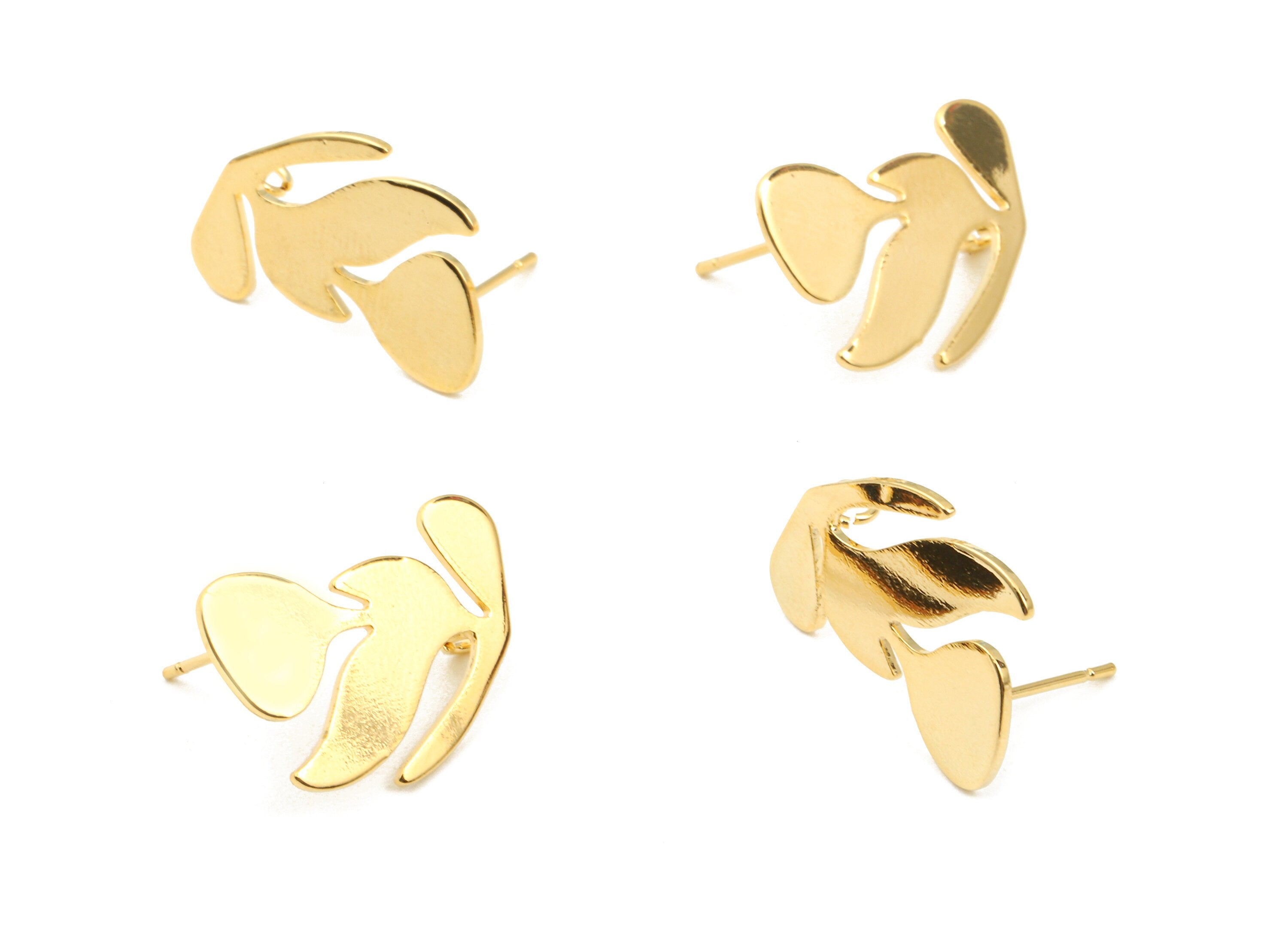 Brass Leaf Earing Stud With Loop - Brass Leaf Earring Post - 18K Real Gold Plated Brass - Jewelry Supplies - 21.59x15.39x0.93mm - RGP2344 - DOMEDBAZAAR