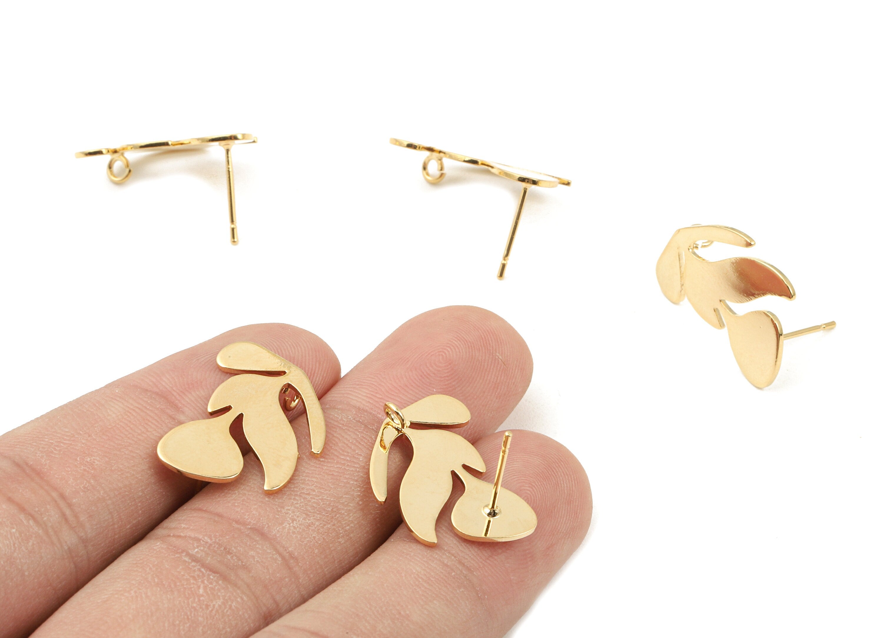 Brass Leaf Earing Stud With Loop - Brass Leaf Earring Post - 18K Real Gold Plated Brass - Jewelry Supplies - 21.59x15.39x0.93mm - RGP2344 - DOMEDBAZAAR