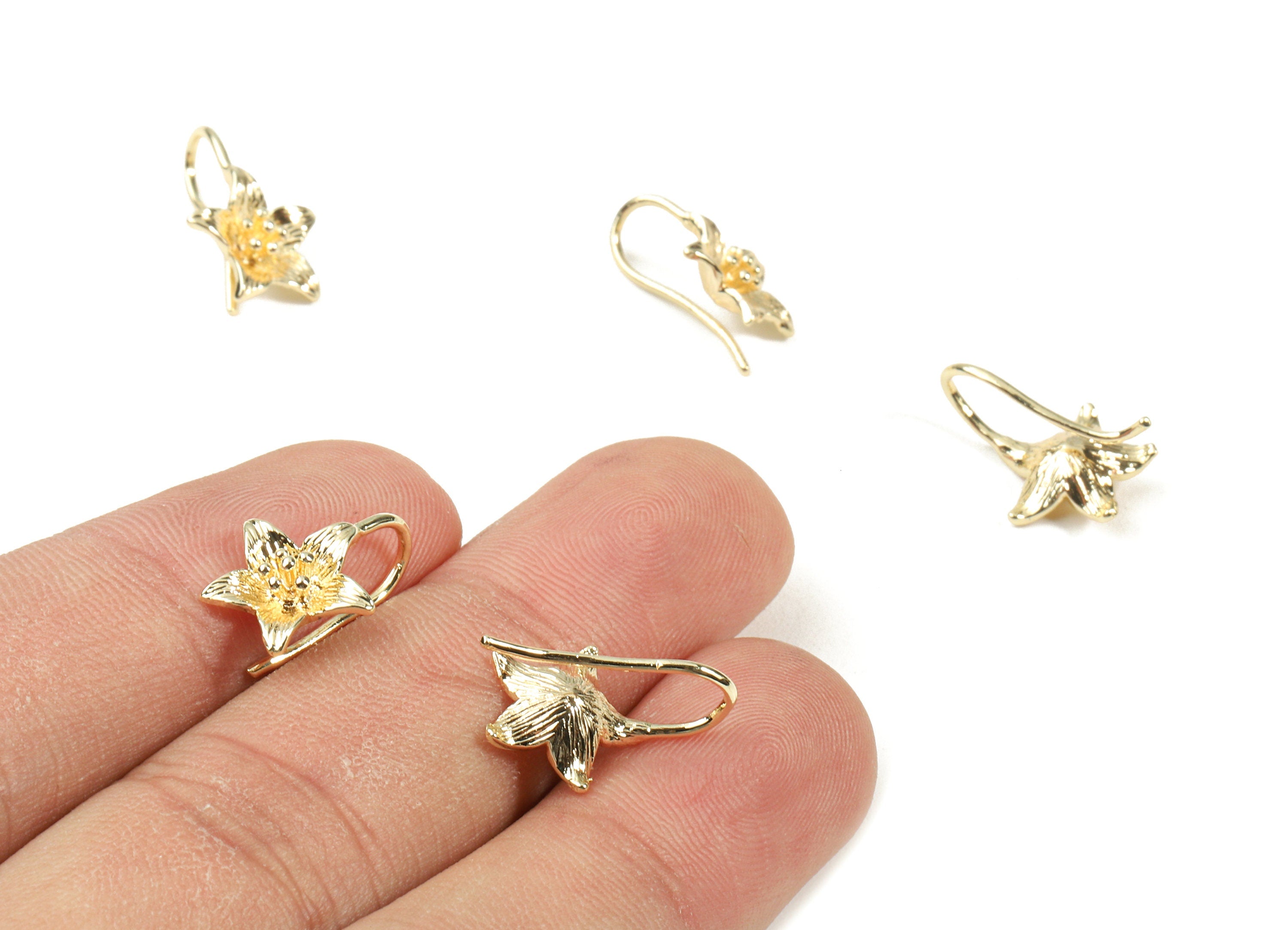 Brass Flower Earring Hooks - Brass Flower Earring Wires - 18K Real Gold Plated Brass - Jewelry Supplies - 15.54x11.3x1.13mm - RGP2343 - DOMEDBAZAAR