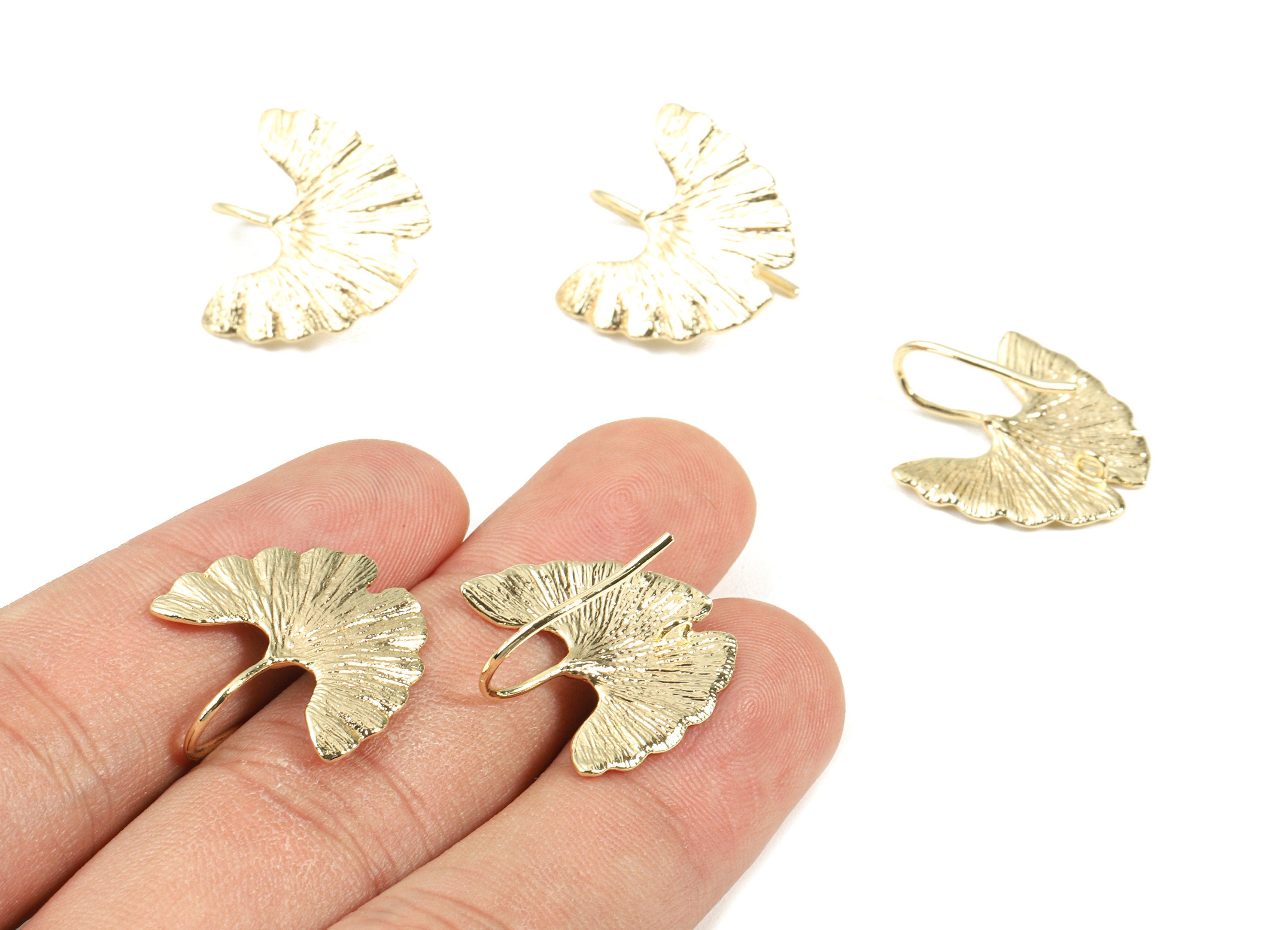 Brass Leaf Earing Hoop With Loop - Brass Leaf Earring Wire - 18K Real Gold Plated Brass - Jewelry Supplies - 21.94x17.77x1.16mm - RGP2347 - DOMEDBAZAAR