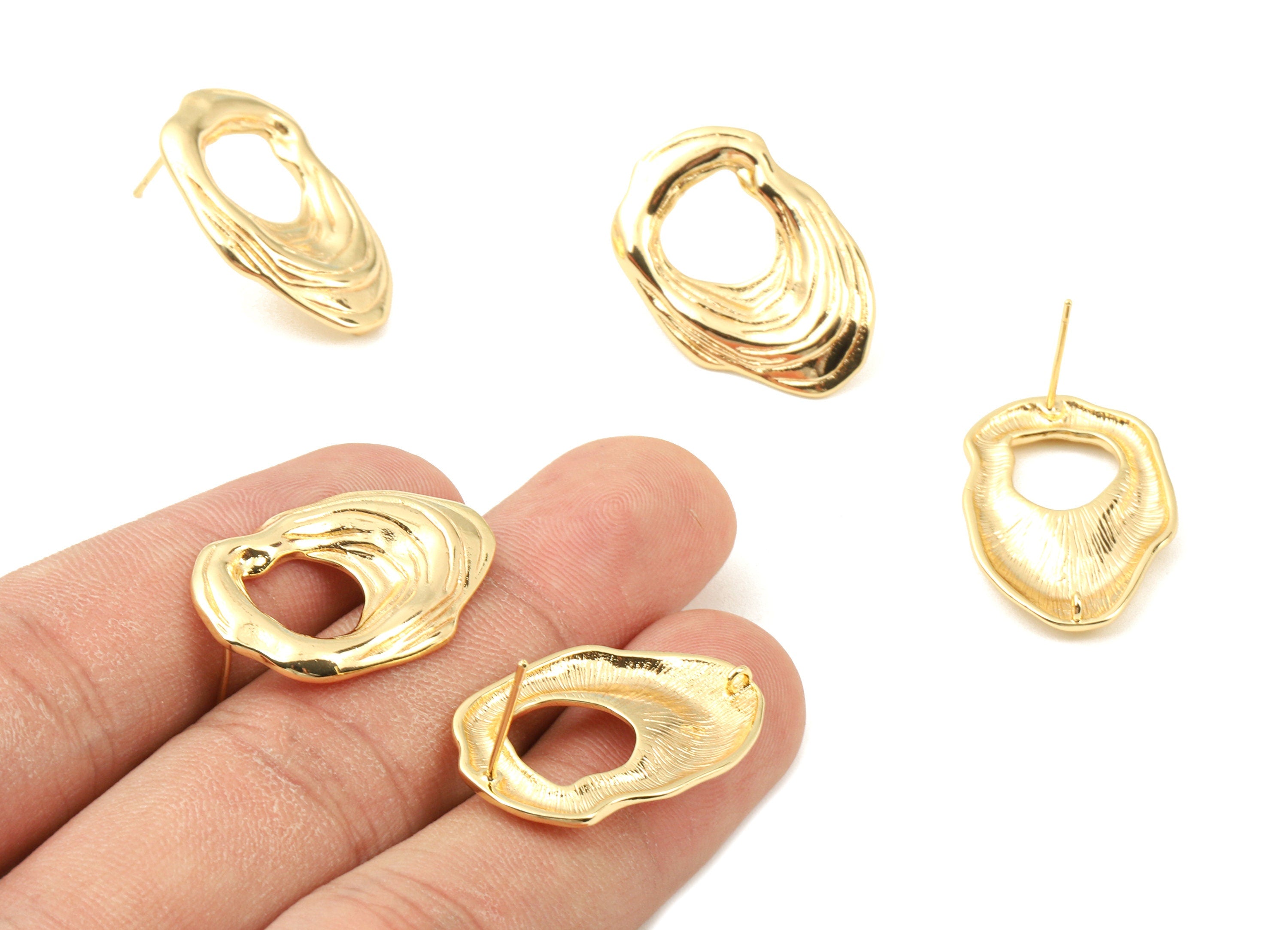 Brass Oval Earing Stud White Loop - Brass Oval Earring Post - 18K Real Gold Plated Brass - Jewelry Supplies - 26.79x17.79x2.63mm - RGP2336 - DOMEDBAZAAR