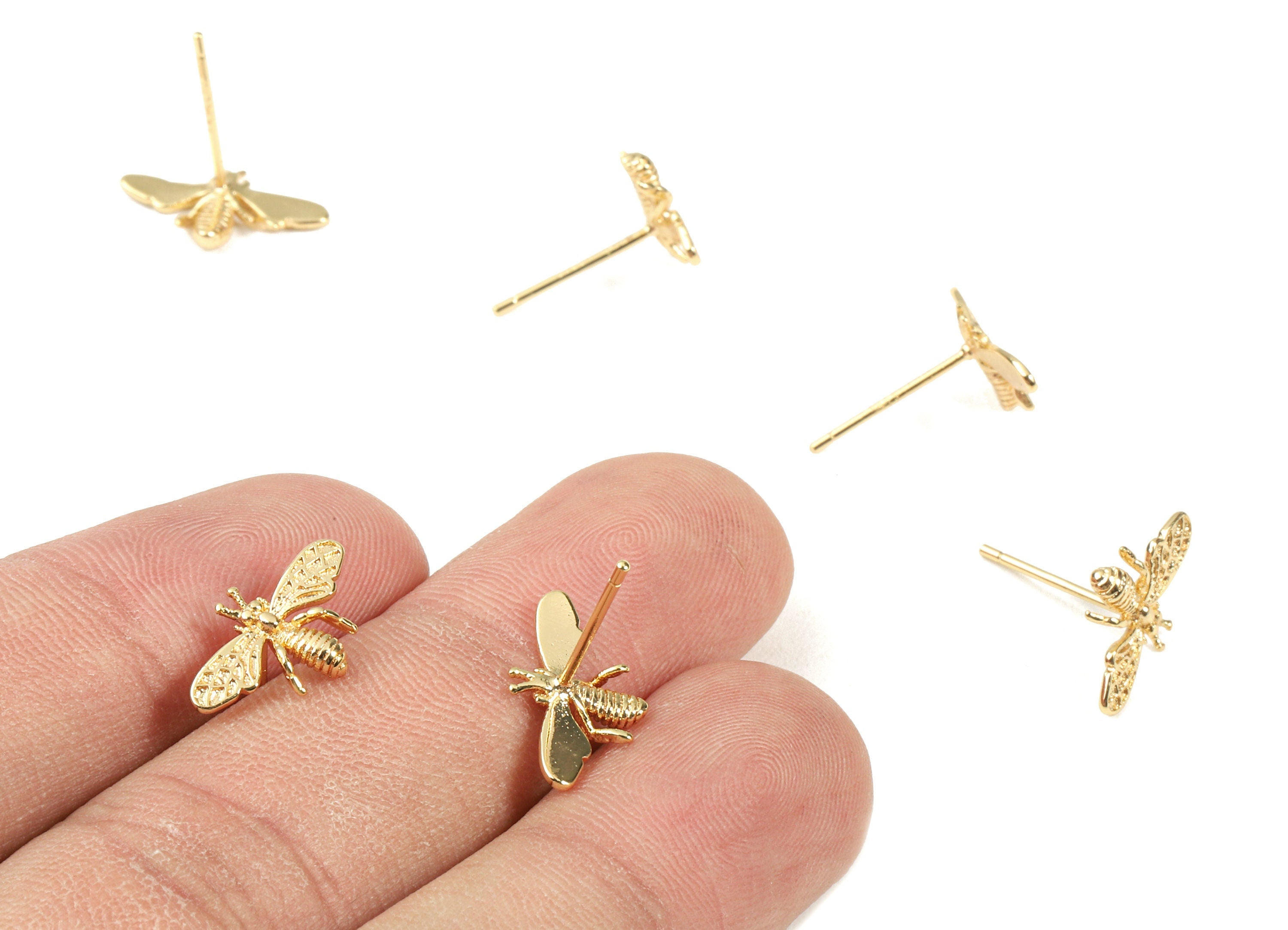 Brass Bee Earring Stud - Brass Beel Earring Post - 18K Real Gold Plated Brass - Jewelry Supplies - 14.41x8.7x1.91mm - RGP2350 - DOMEDBAZAAR