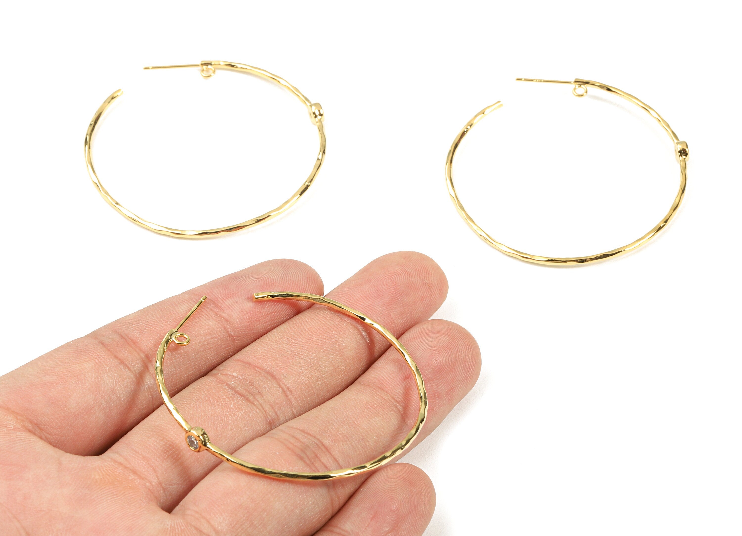 Brass Hoop Earring Stud With Zircon - Brass C Earring Post With Loop - 18K Real Gold Plated Brass - 48.64x4.36x2.61mm - RGP2312 - DOMEDBAZAAR