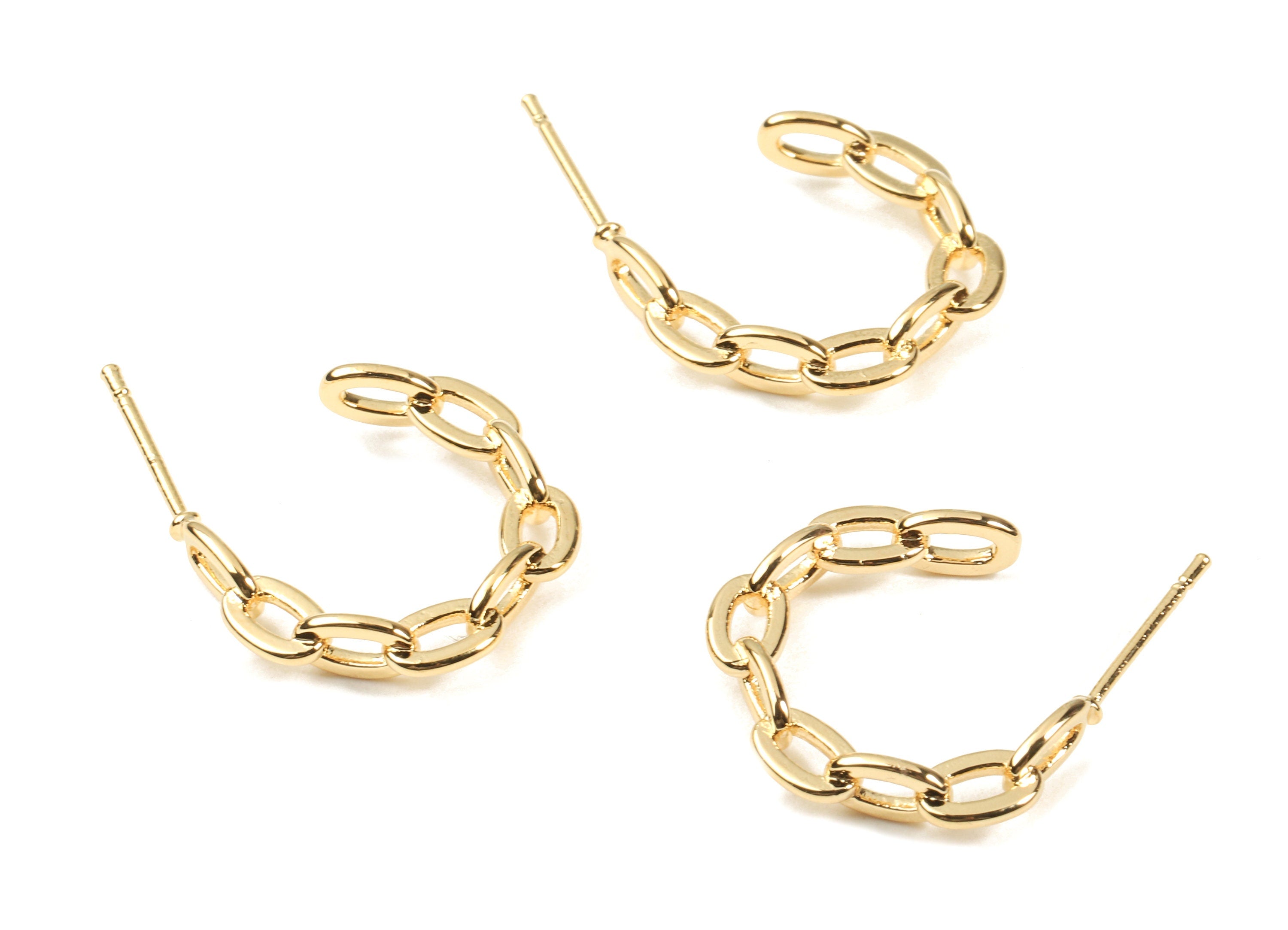 Brass Cable Chain C Earring Stud - Brass C Earring Post - 18K Real Gold Plated Brass - Jewelry Supplies - 22.01x4.07x1.22mm - RGP2308 - DOMEDBAZAAR