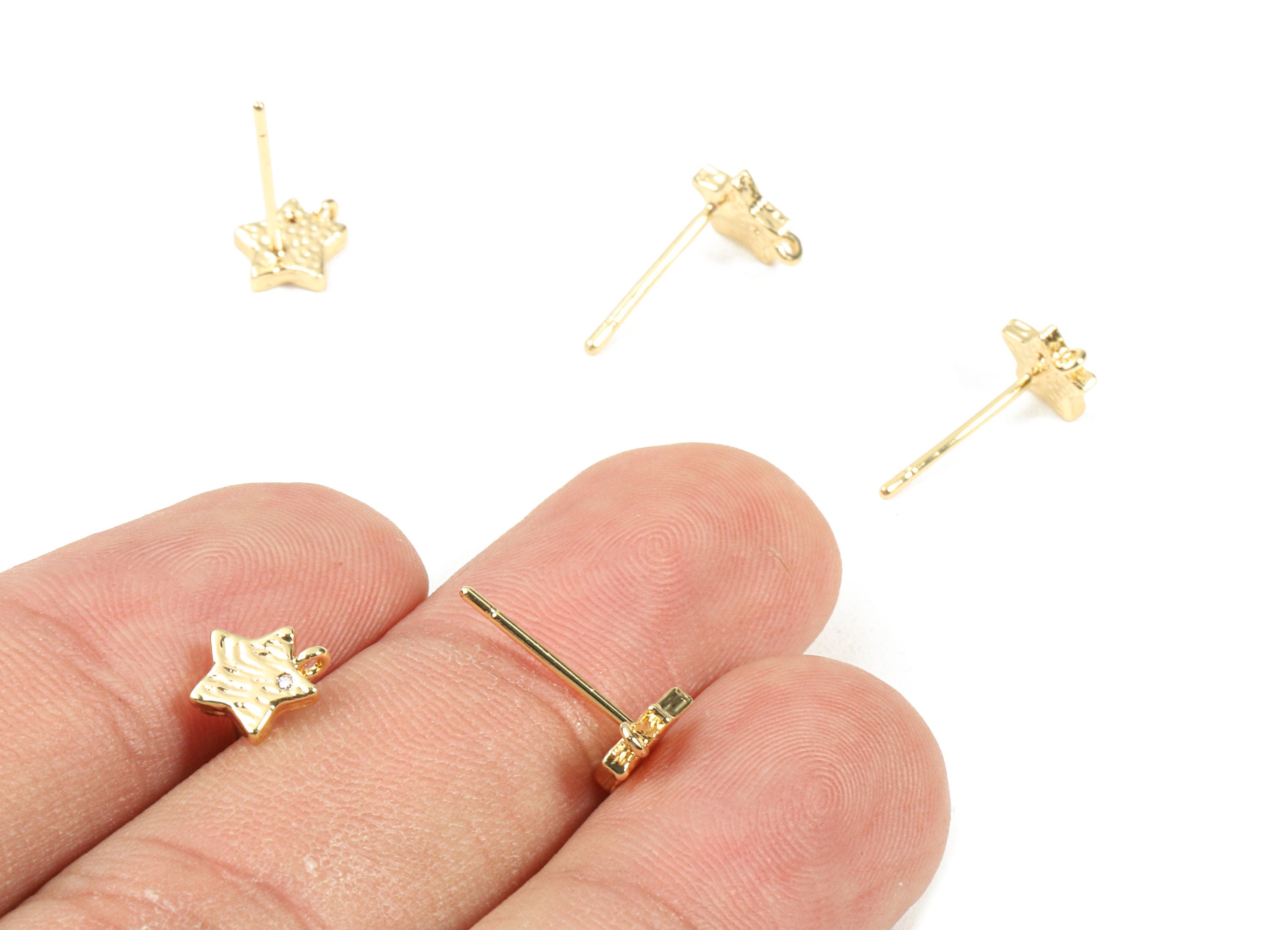 Brass Mini Star Earring Stud With Loop - Zircon Mini Star Earring Post - 18K Real Gold Plated Brass - 7.7x6.42x1.54mm - RGP2349 - DOMEDBAZAAR