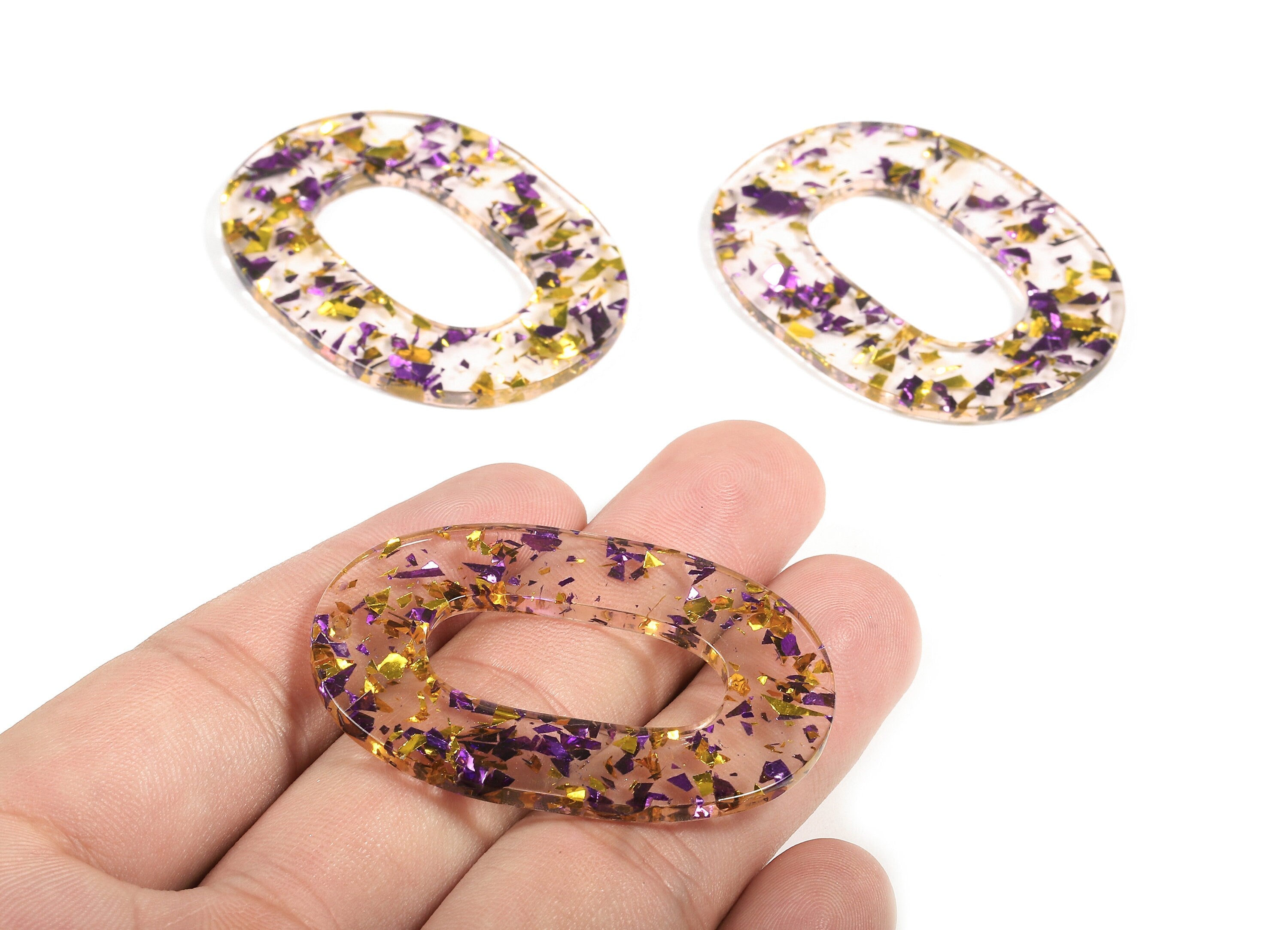 Acetate Oval Charms - Oval Earrings and Pendant - Purple & Gold Confetti - Color Code: A388 - 46.81x34.24x2.32mm - AC1065-A388 - DOMEDBAZAAR