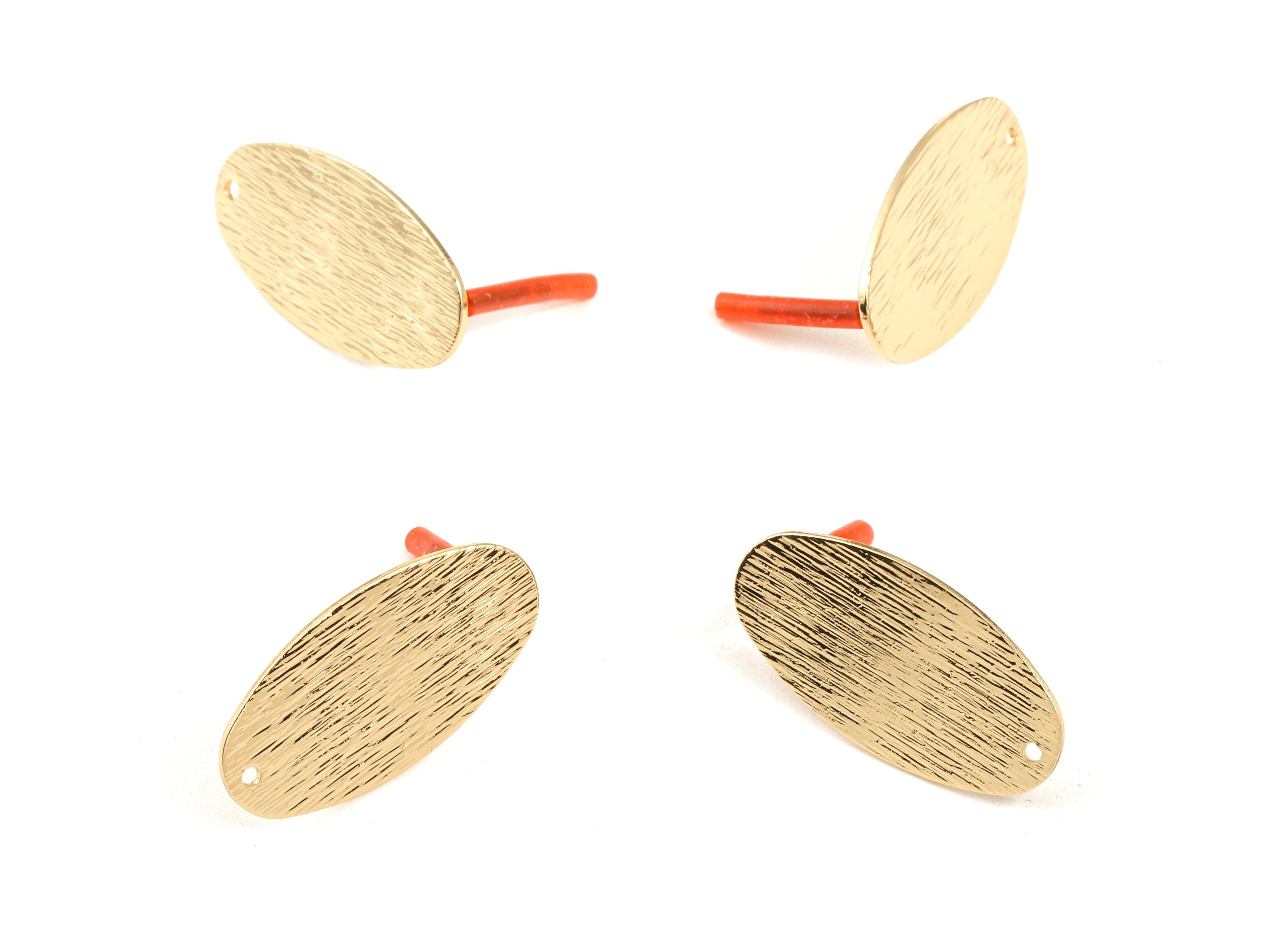 Brass Oval Earring Post - Brass Textured Oval Earring Stud - KC Gold Tone Plated Brass - Jewelry Supplies - 29.47x15.3x0.8mm - PP3020 - DOMEDBAZAAR