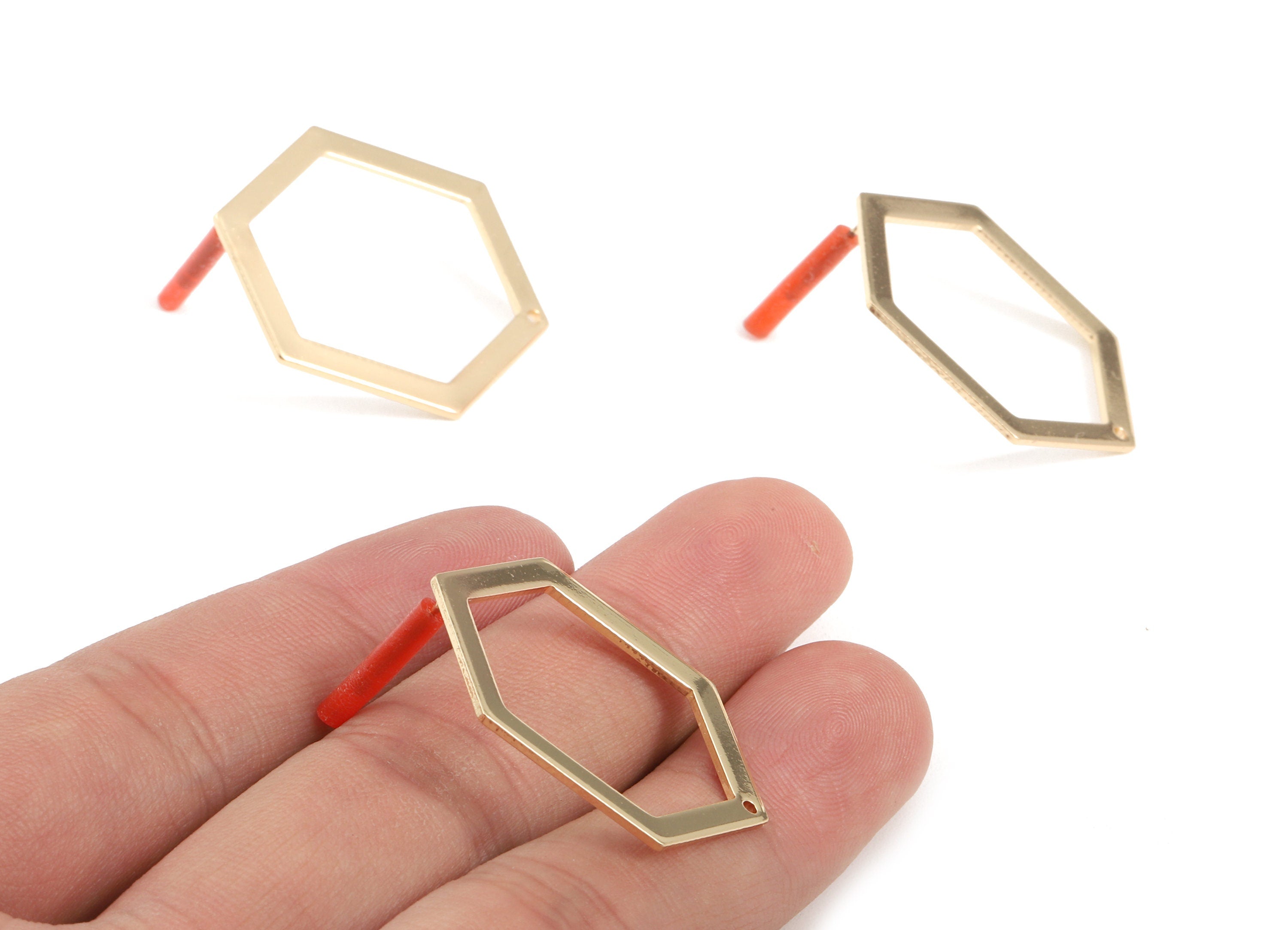 Brass Hexagon Earring Post - Brass Hexagon Earring Stud - Gold Tone Plated Brass - Jewelry Supplies - 32x24x1mm - PP3029 - DOMEDBAZAAR