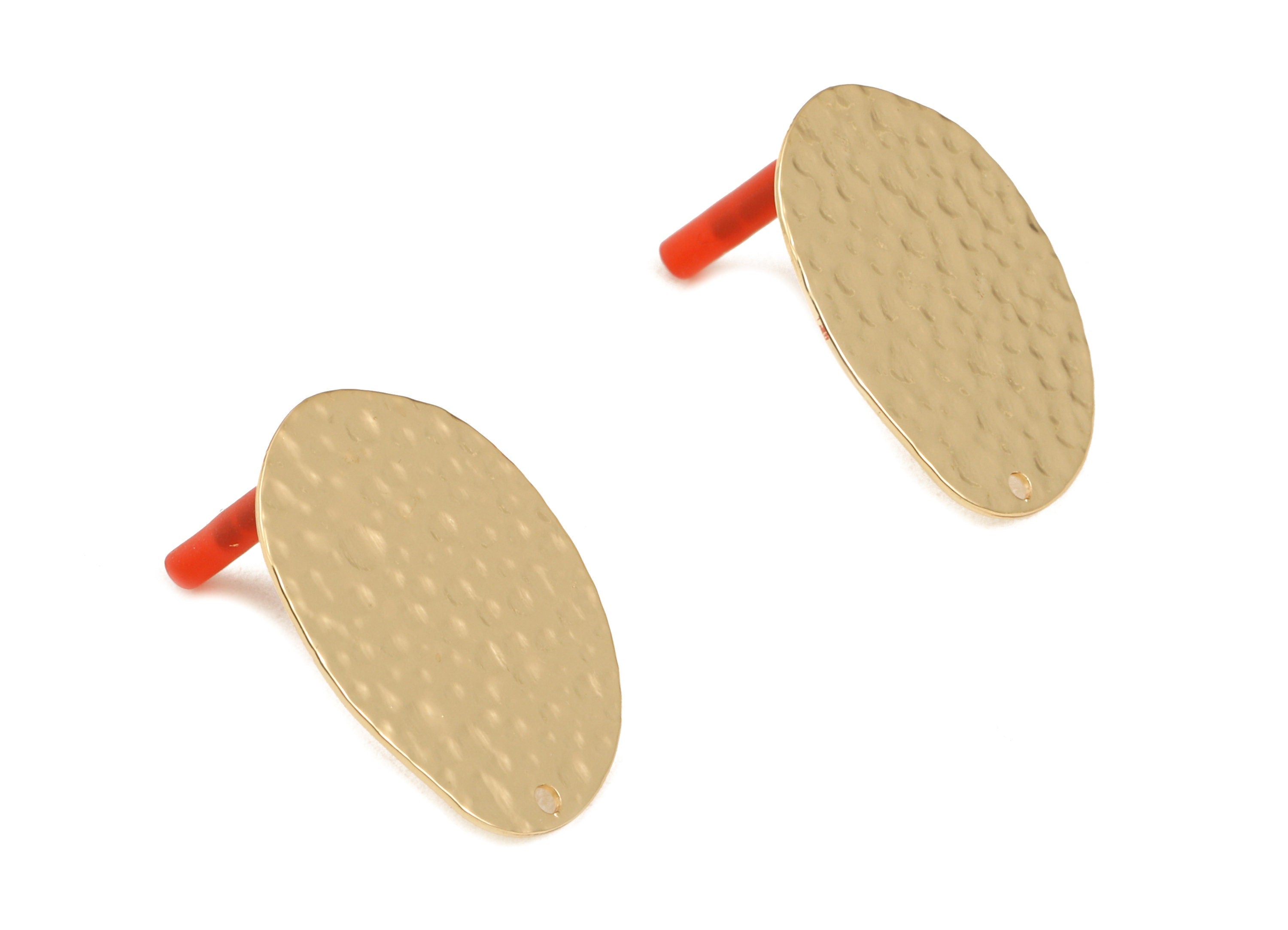 Brass Oval Earring Post - Brass Hammered Oval Earring Stud - Gold Tone Plated Brass - Jewelry Supplies - 24.8x19.1x1.04mm - PP3036 - DOMEDBAZAAR