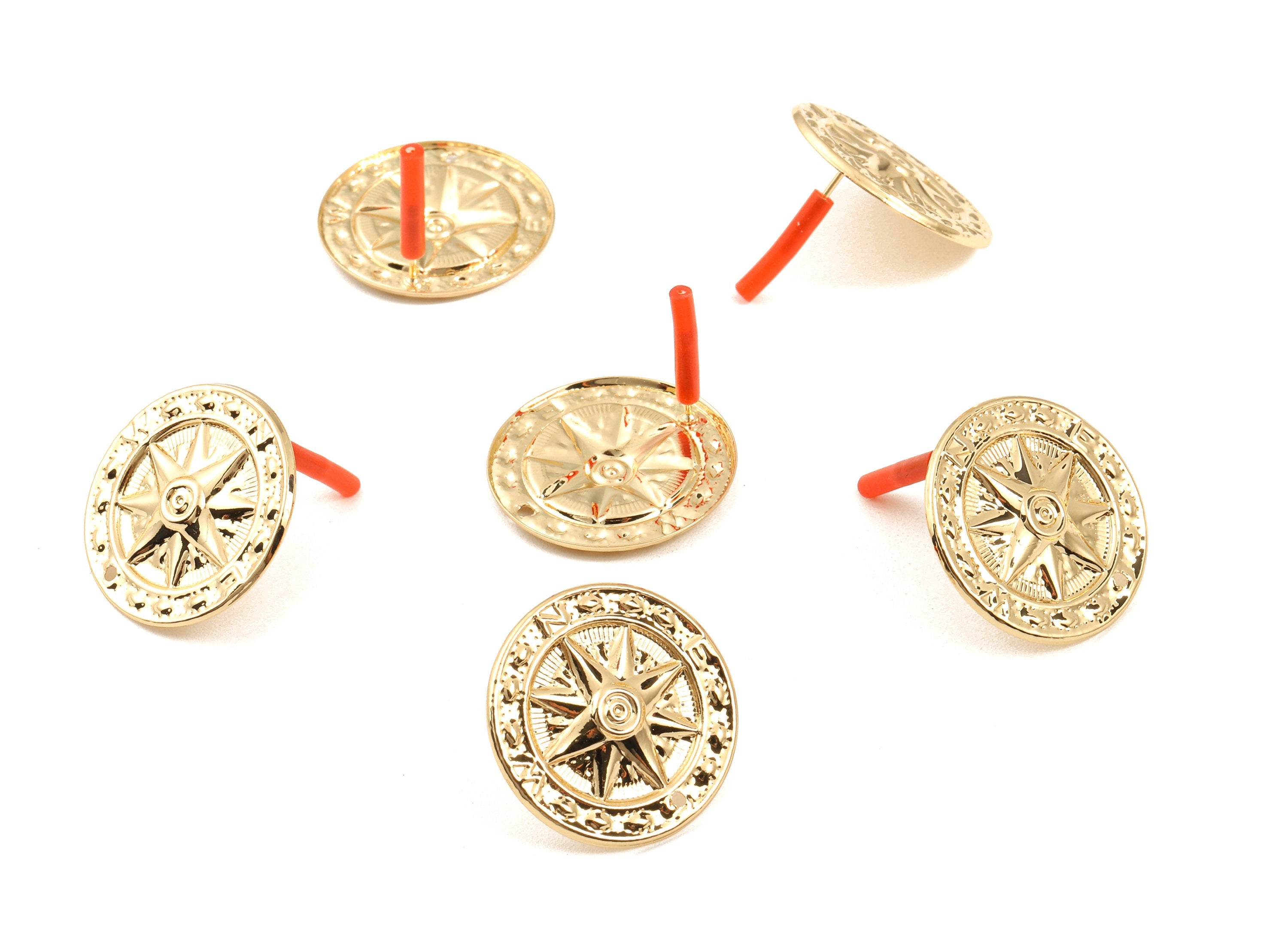 Brass Compass Earring Post - Brass Compass Earring Stud - Gold Tone Plated Brass - Jewelry Supplies - 24.96x24.96x2.18mm - PP3040 - DOMEDBAZAAR