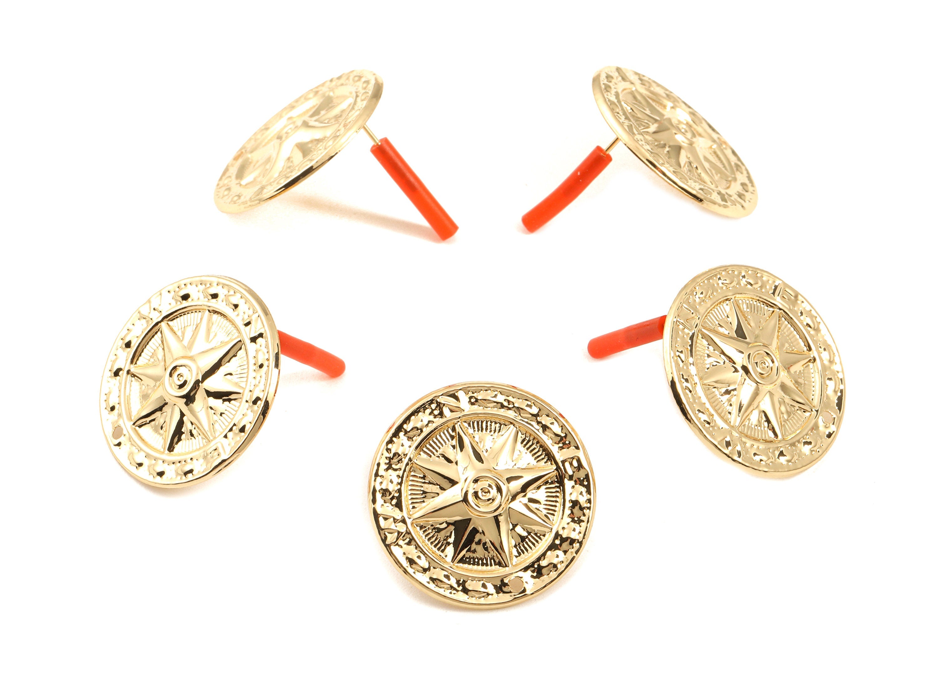 Brass Compass Earring Post - Brass Compass Earring Stud - Gold Tone Plated Brass - Jewelry Supplies - 24.96x24.96x2.18mm - PP3040 - DOMEDBAZAAR