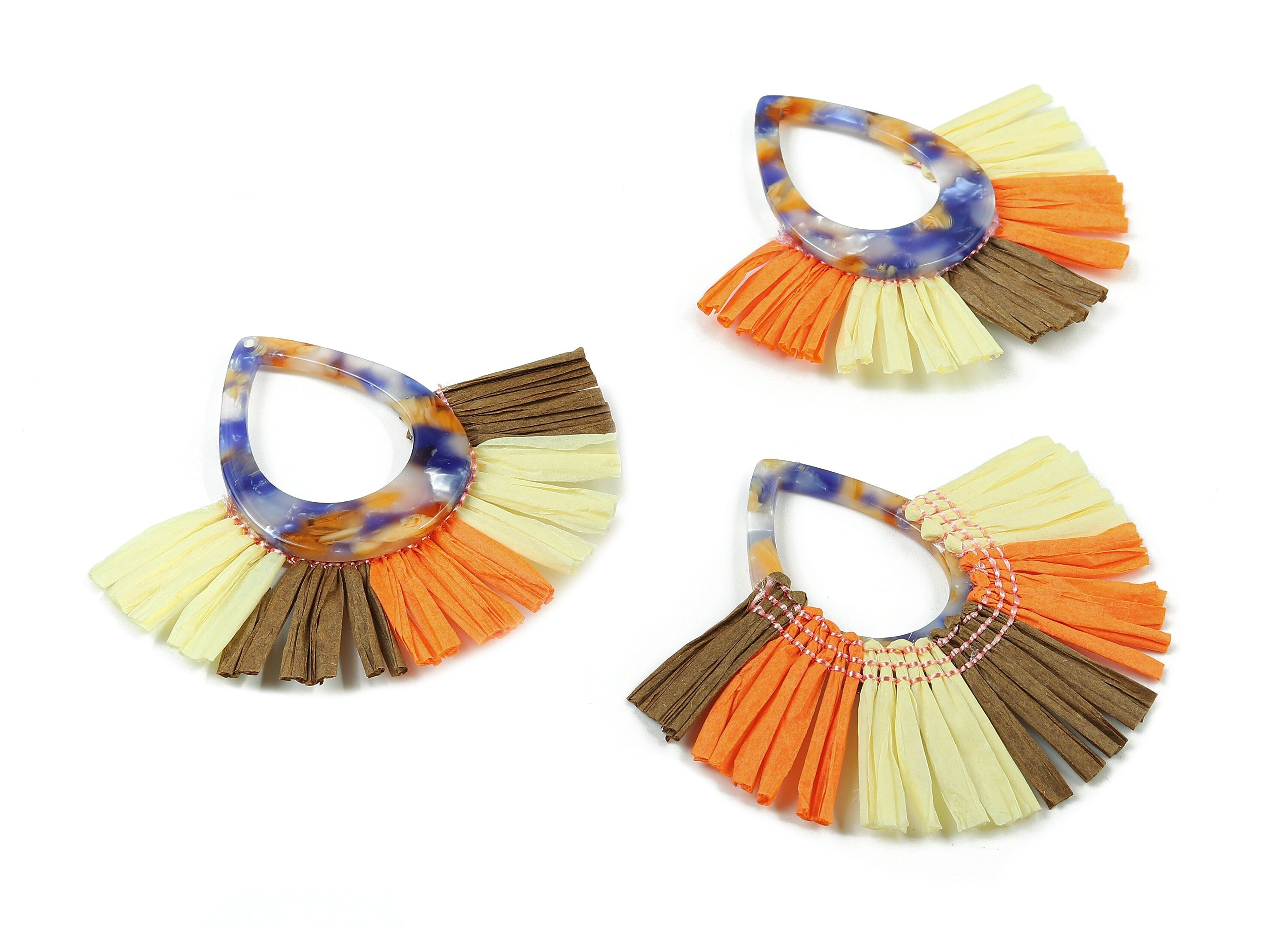 Acetate Drop Raffia Tassels Charms - Earrings with Fan Tassels - Single Layer Raffia - Color Code: A96 - 72.65x64.98x4.01mm - AC1625-A96-1 - DOMEDBAZAAR