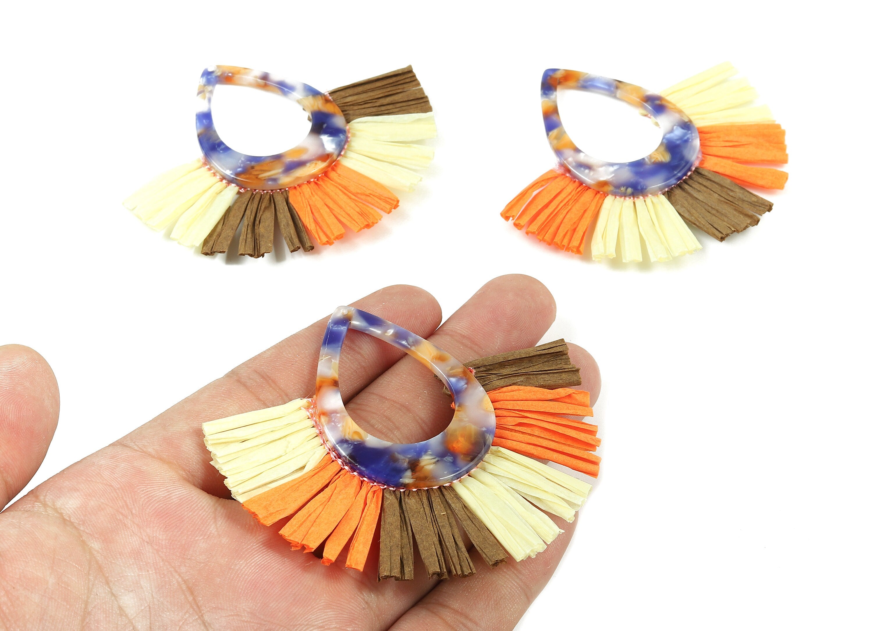 Acetate Drop Raffia Tassels Charms - Earrings with Fan Tassels - Single Layer Raffia - Color Code: A96 - 72.65x64.98x4.01mm - AC1625-A96-1 - DOMEDBAZAAR
