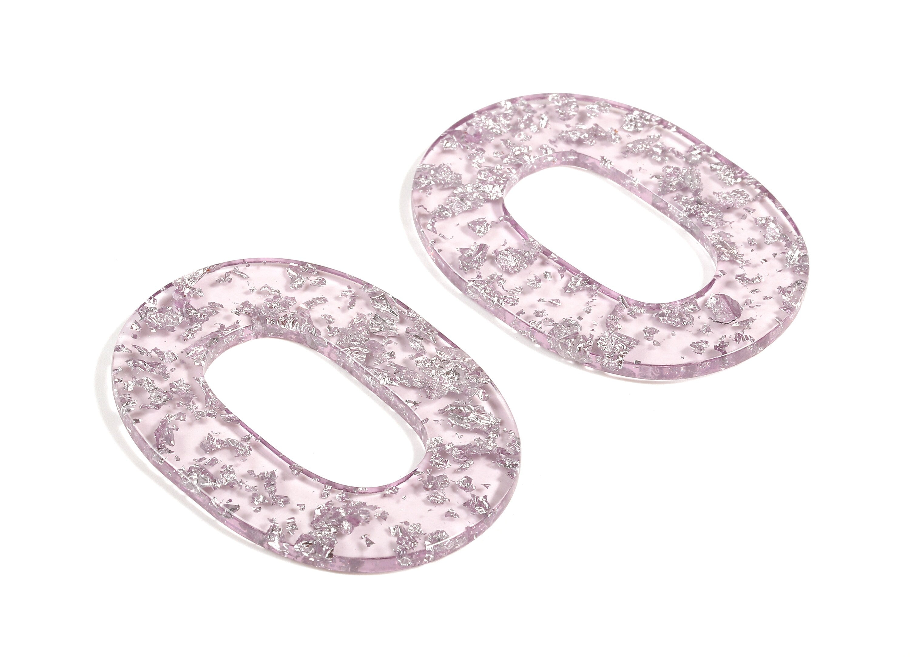 Acetate Oval Charms - Oval Earrings and Pendant - Purple Acrylic & Siver Confetti - Color Code: A375 - 46.74x34.38x2.58mm - AC1065-A375 - DOMEDBAZAAR
