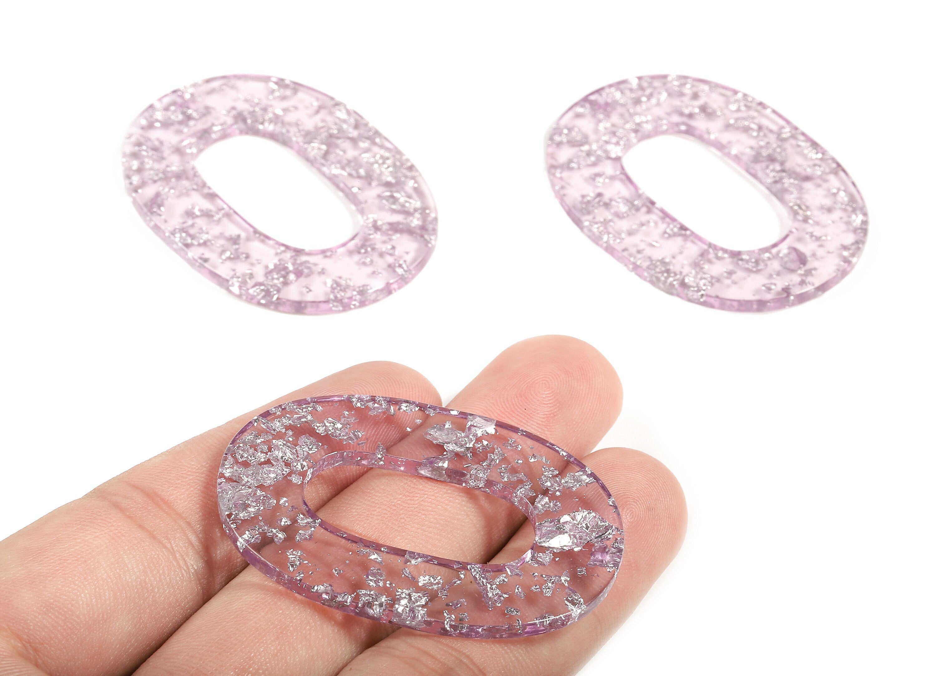 Acetate Oval Charms - Oval Earrings and Pendant - Purple Acrylic & Siver Confetti - Color Code: A375 - 46.74x34.38x2.58mm - AC1065-A375 - DOMEDBAZAAR