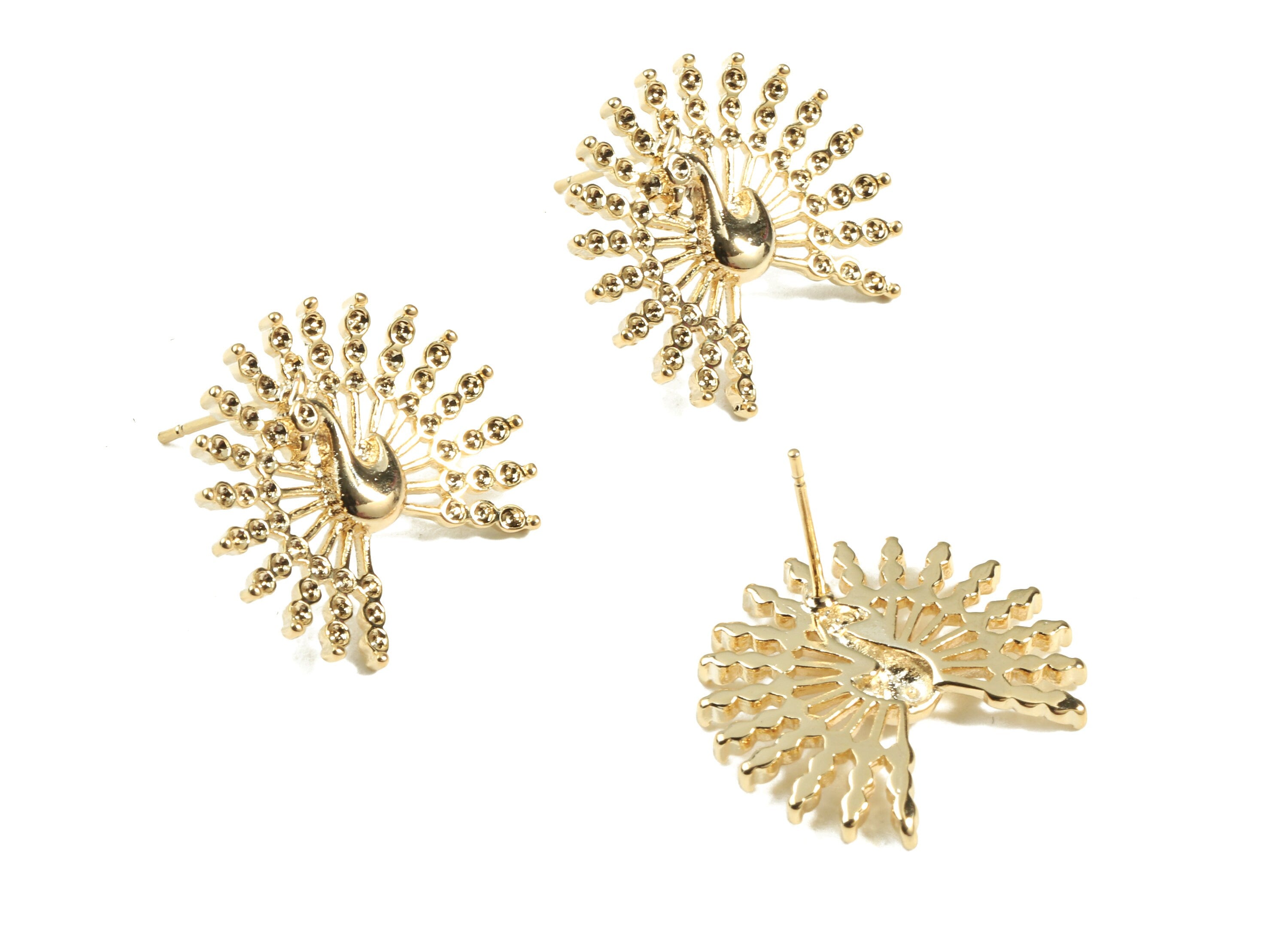 Brass Gold Peacock Earring Stud - Brass Peacock Earring Post - 18K Real Gold Plated Brass - Jewelry Supplies - 21.83x19.56x2.6mm - RGP2359 - DOMEDBAZAAR