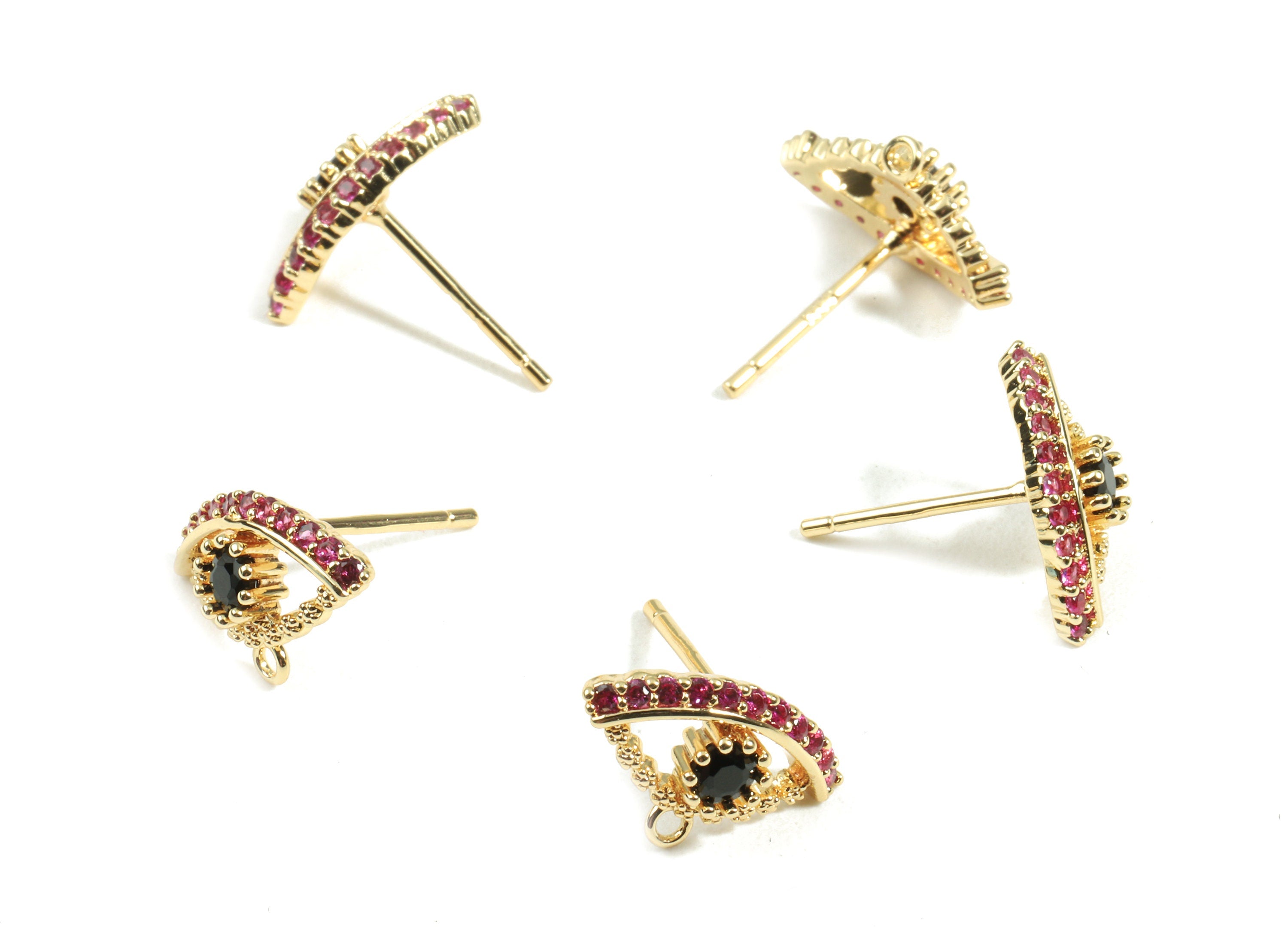 Brass Eye Earring Stud With Zircon - Brass Eye Earring Post With Loop- 18K Real Gold Plated Brass - 13.69x8.76x2.82mm - RGP2410 - DOMEDBAZAAR