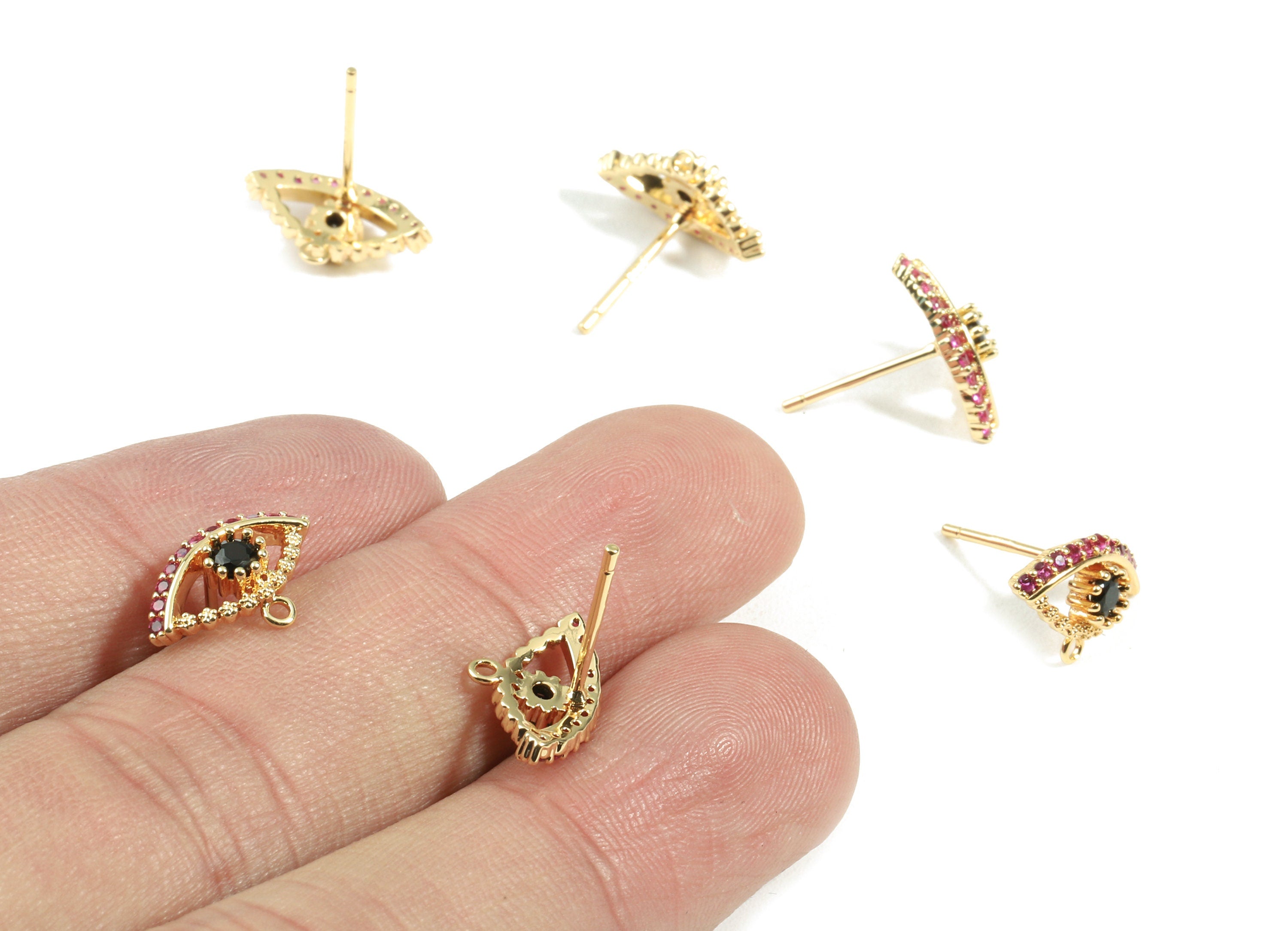 Brass Eye Earring Stud With Zircon - Brass Eye Earring Post With Loop- 18K Real Gold Plated Brass - 13.69x8.76x2.82mm - RGP2410 - DOMEDBAZAAR