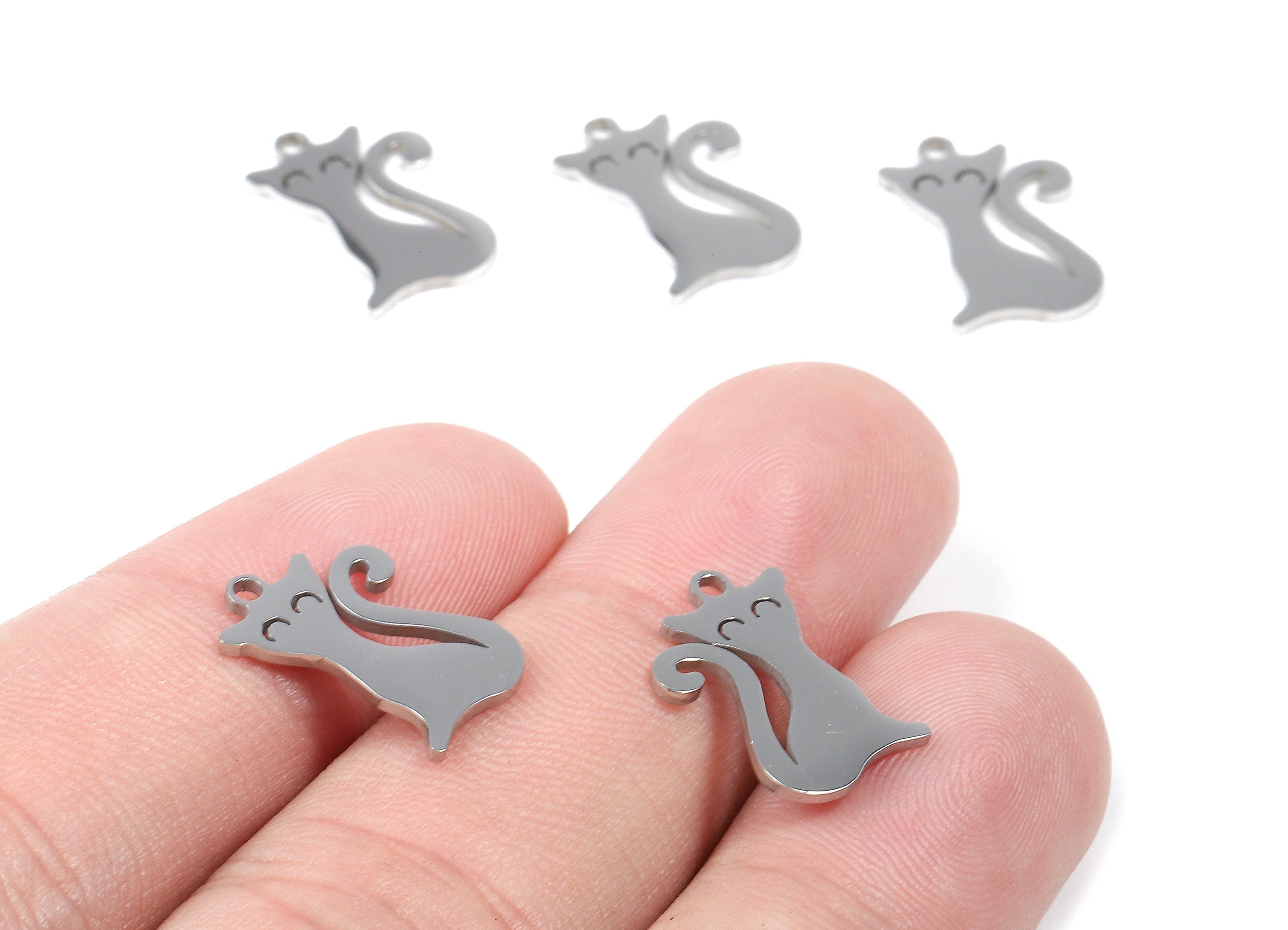 Stainless Steel Cat Charms - Stainless Steel Cat Earrings and Pendant - Bracelet Pendant - Jewelry Supplies - 15.38x10.91x0.95mm - SS1058 - DOMEDBAZAAR