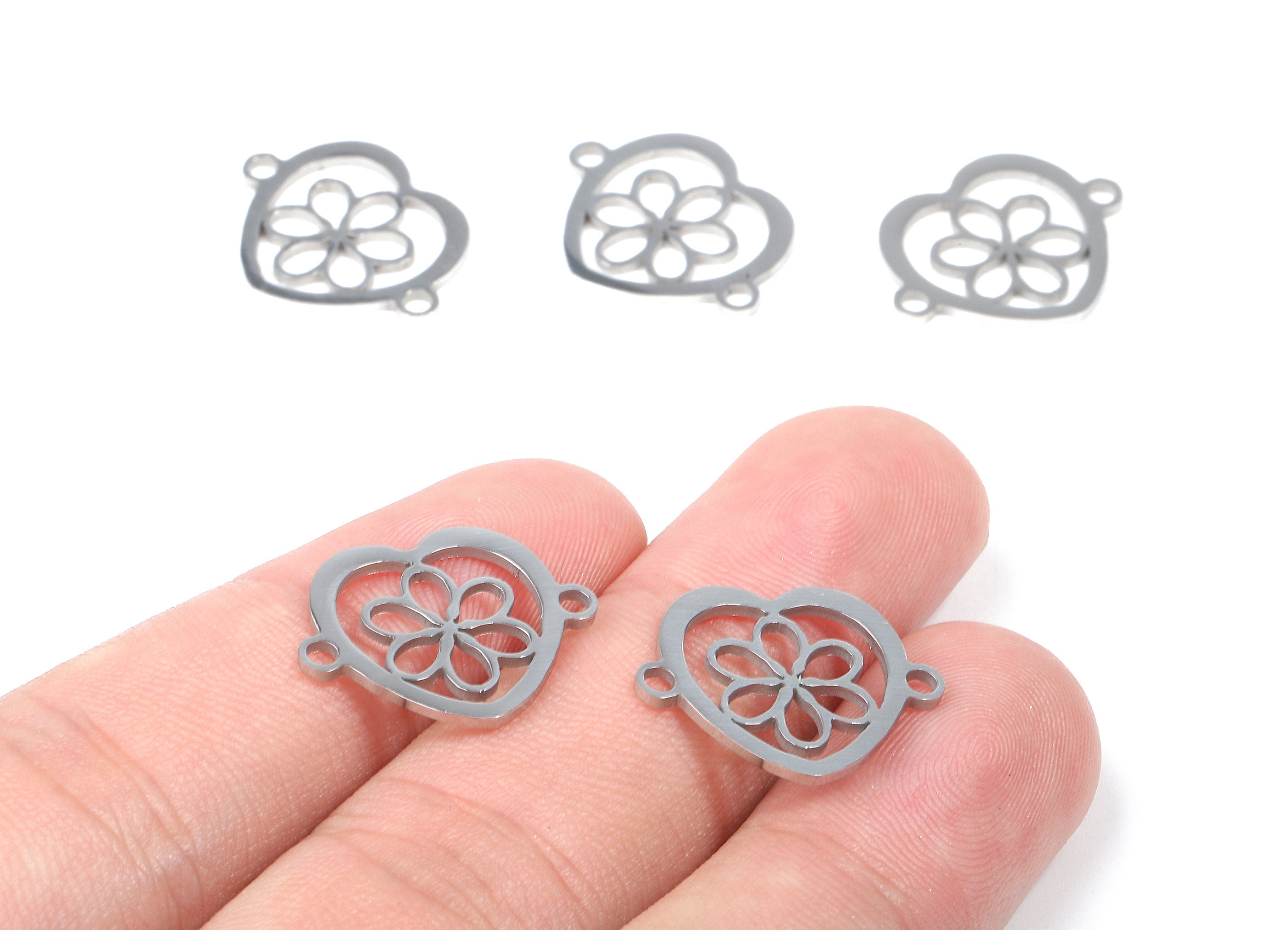 Stainless Steel Flower Connectors - Bracelet Pendant - Flower in Heart - Heart Earrings and Pendant - 19.37x15.7x1.13mm - SS1086 - DOMEDBAZAAR