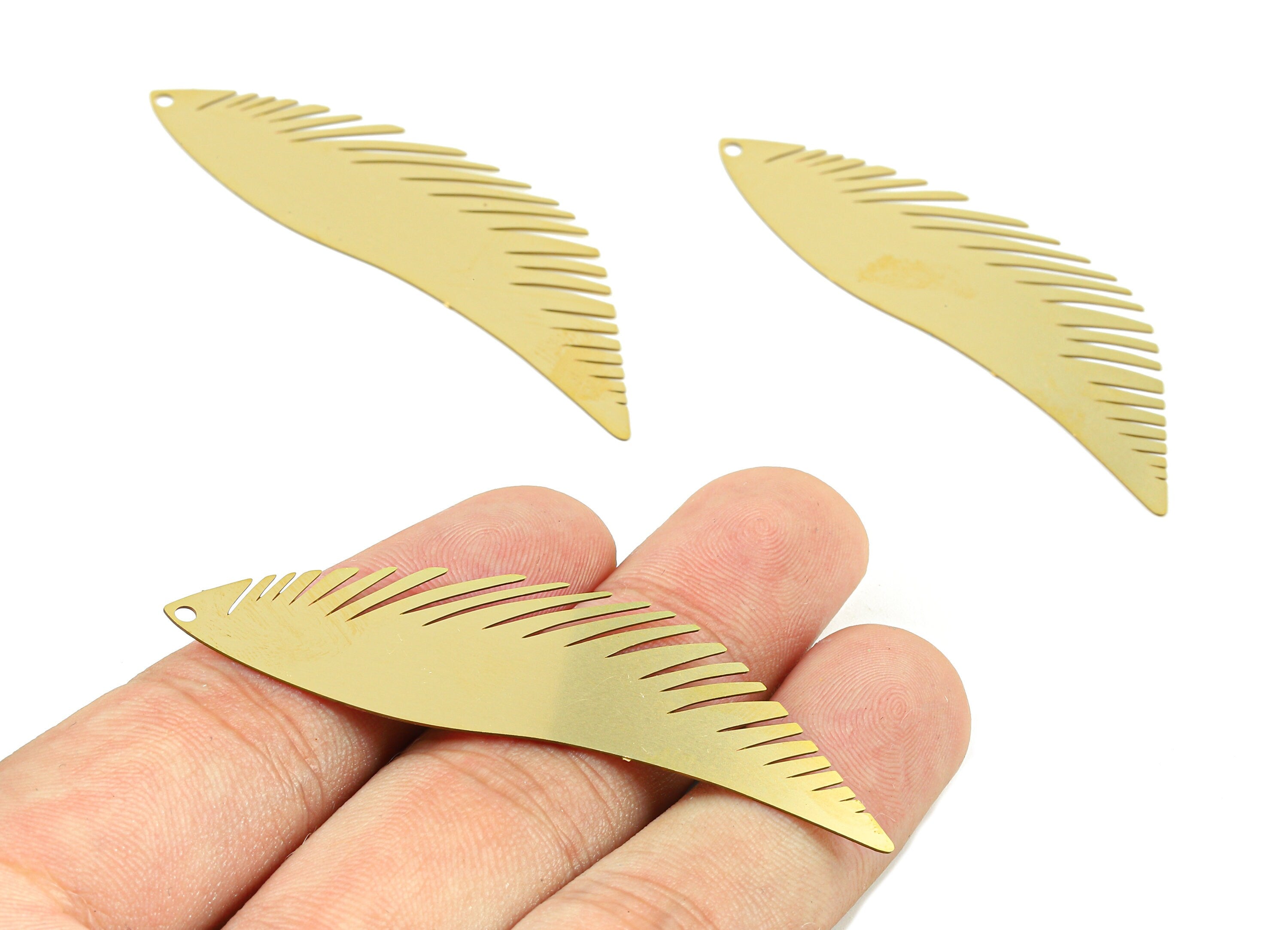 Brass Feather Charms - Raw Brass Feather Earrings and Pendant - Brass Necklace Charms - Jewelry Supplies - 62.23x18.4x0.3mm - JJB5733 - DOMEDBAZAAR