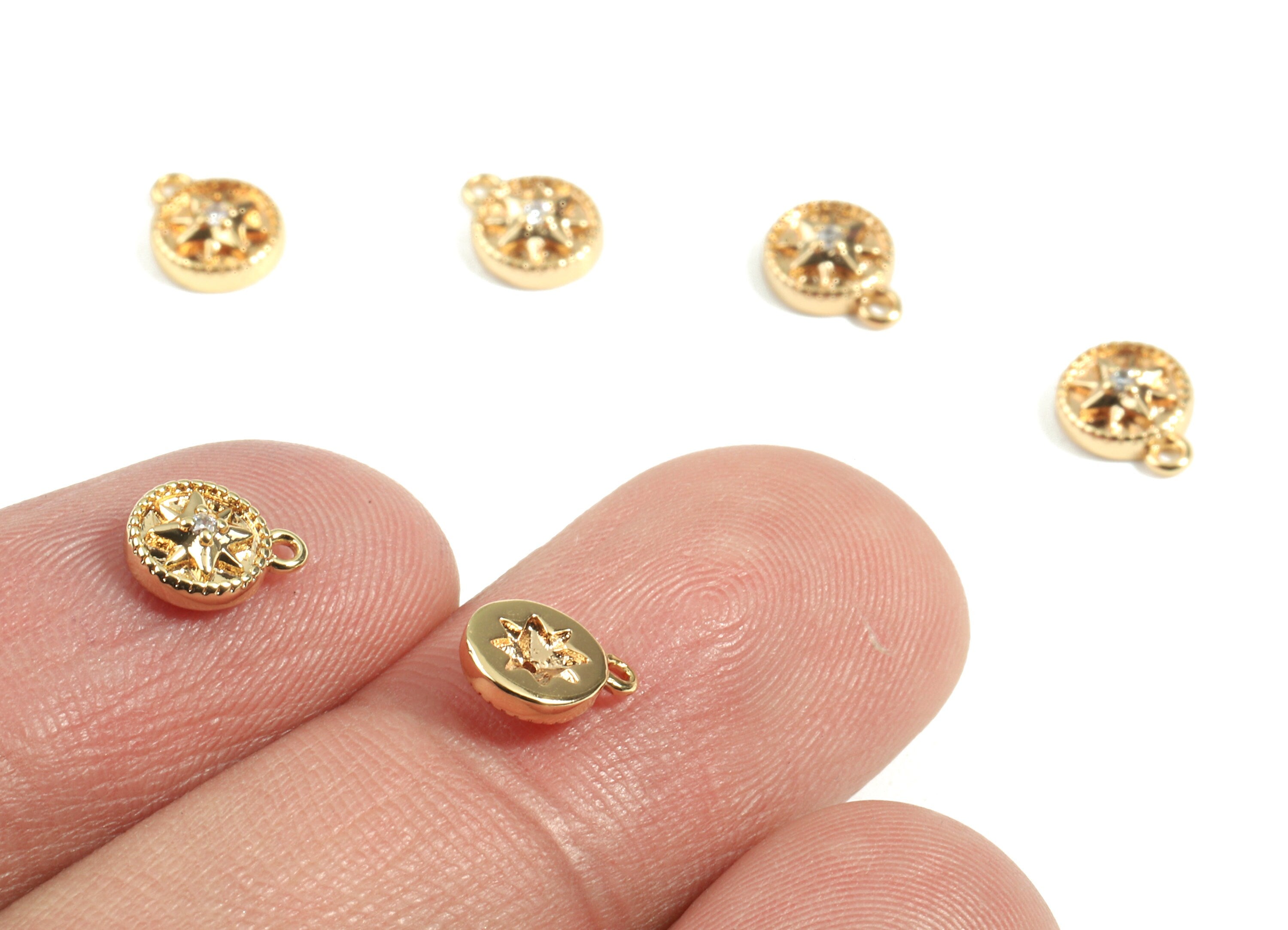 Brass Round Earring Charms - Brass Gold Star Earring Bracelet Charms - 18K Real Gold Plated Brass - Jewelry Supplies - 7.6x5.8x2.3mm-RGP2421 - DOMEDBAZAAR
