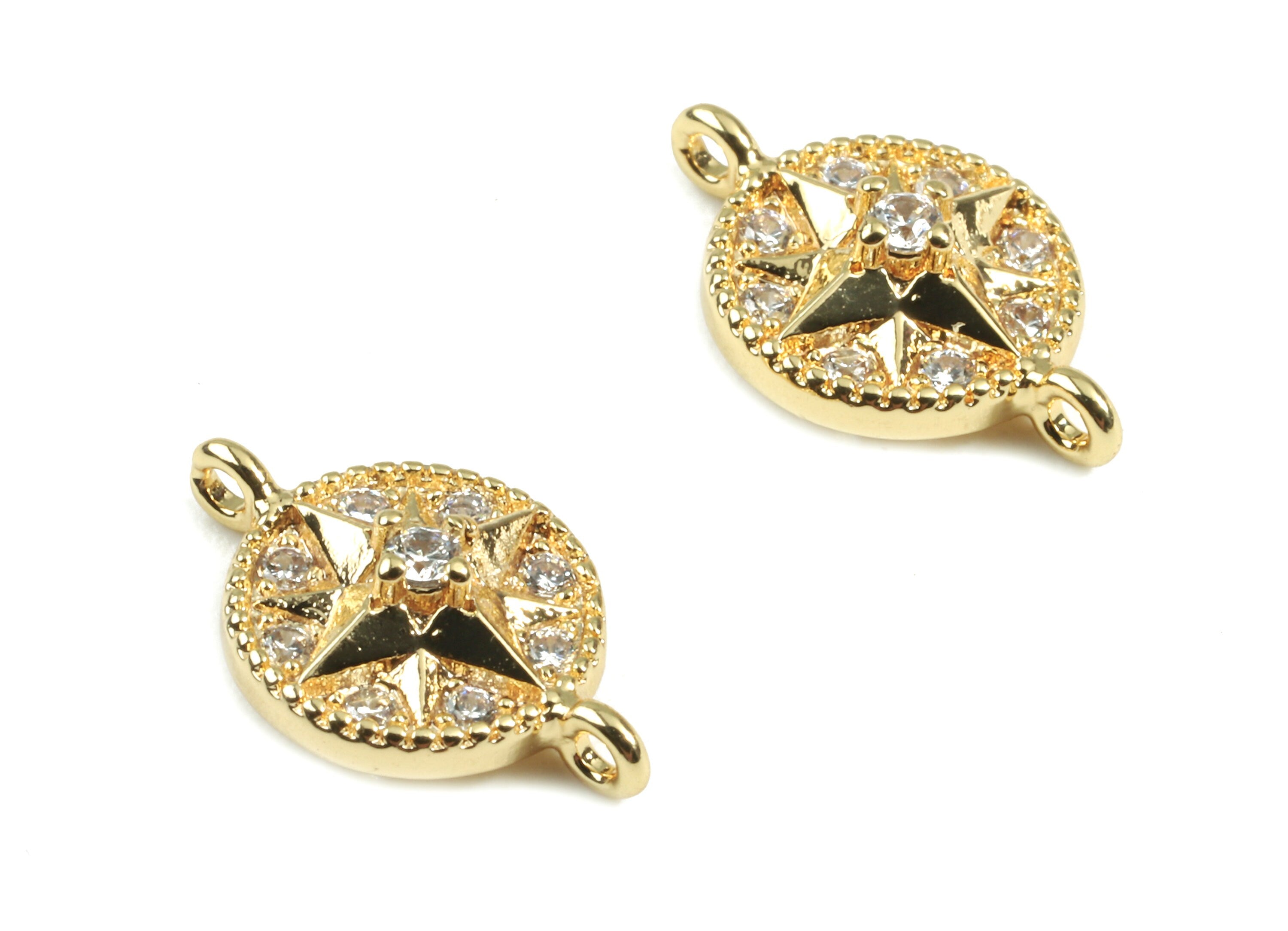 Brass Round Connectors - Brass Compass Star Bracelet Connector With Zircons - 18K Real Gold Plated Brass - 13.46x8.74x3.31mm - RGP2416 - DOMEDBAZAAR