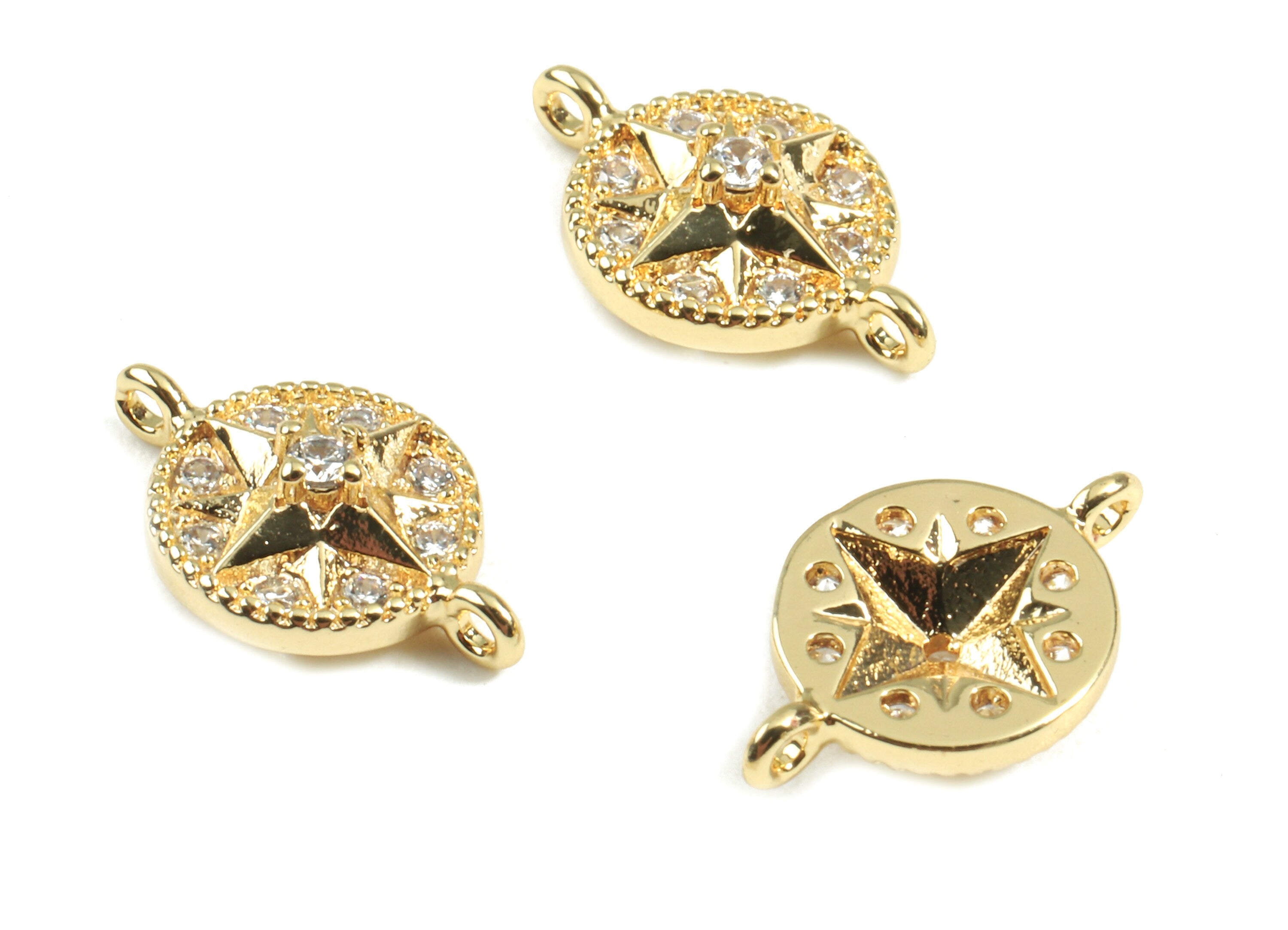 Brass Round Connectors - Brass Compass Star Bracelet Connector With Zircons - 18K Real Gold Plated Brass - 13.46x8.74x3.31mm - RGP2416 - DOMEDBAZAAR