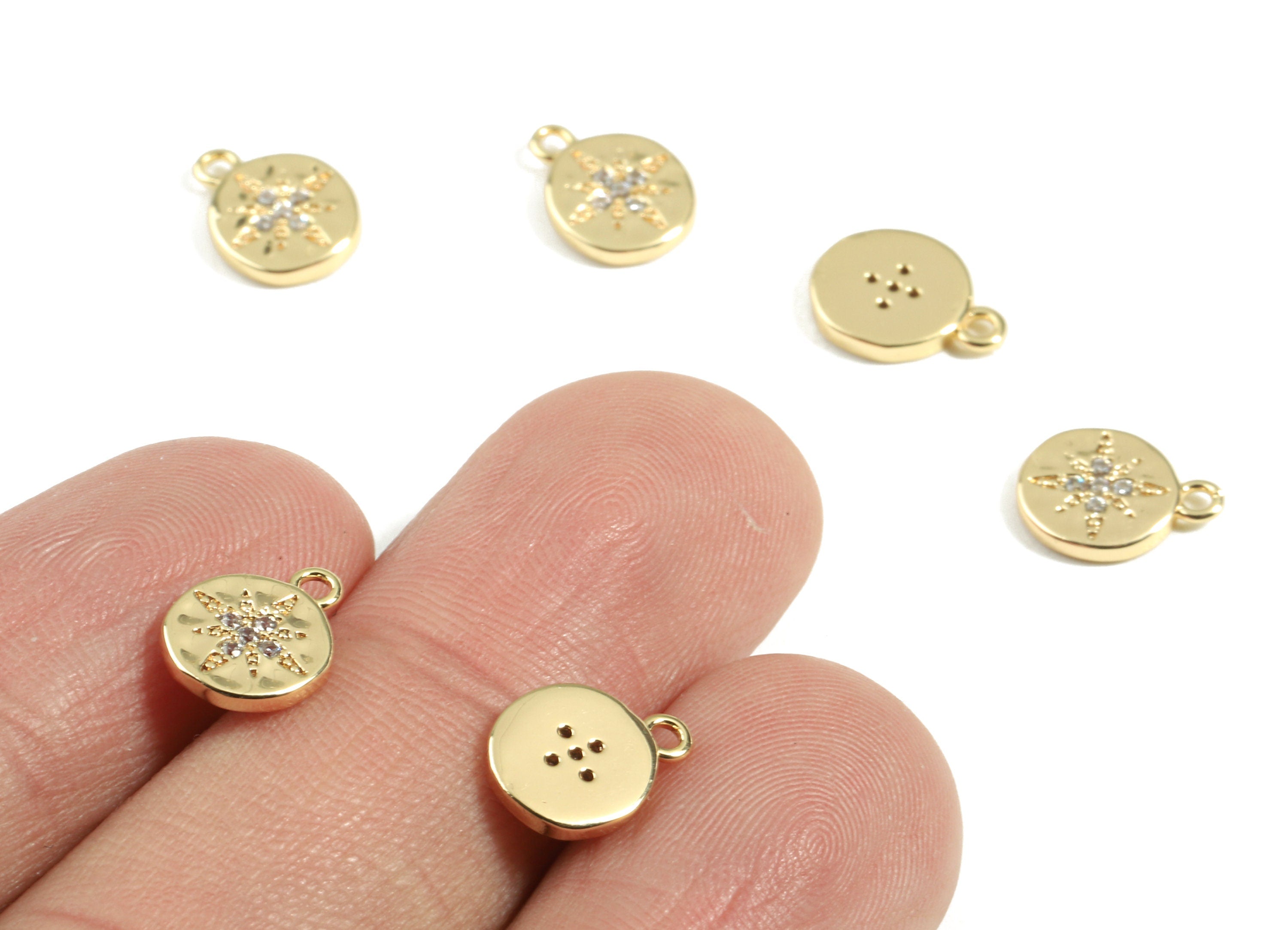 Brass Mini Round Charms With Zircon - Brass Star Charms For Earring Bracelet - 18K Real Gold Plated Brass - 10.15x7.64x1.42mm - RGP2407 - DOMEDBAZAAR