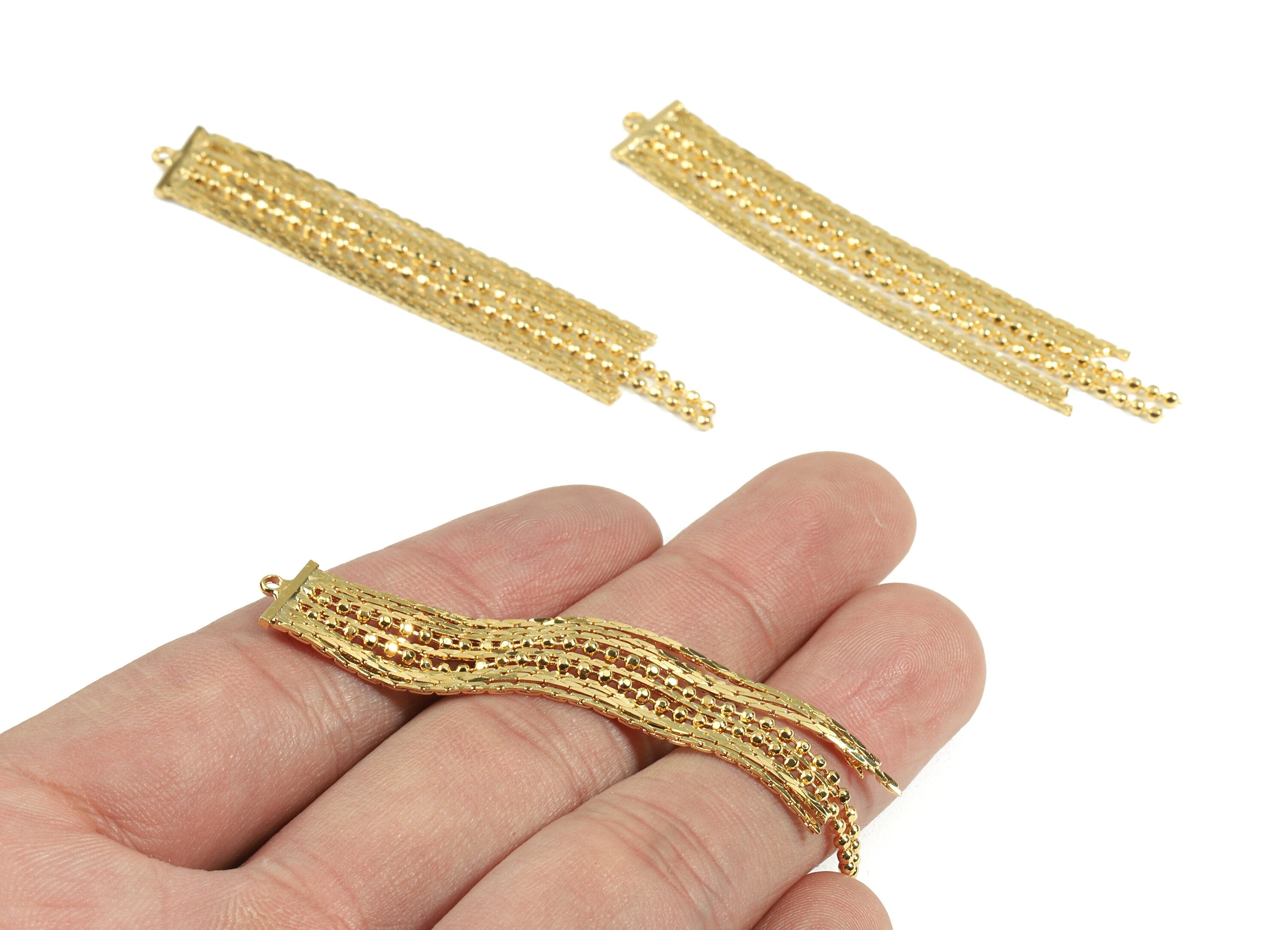 Brass Gold Chain Tassel Earring Charms - Brass Ball Chain Tassel Earrings Charms - 18k Real Gold Plated Brass - 73x10x1.5mm - RGP2369 - DOMEDBAZAAR