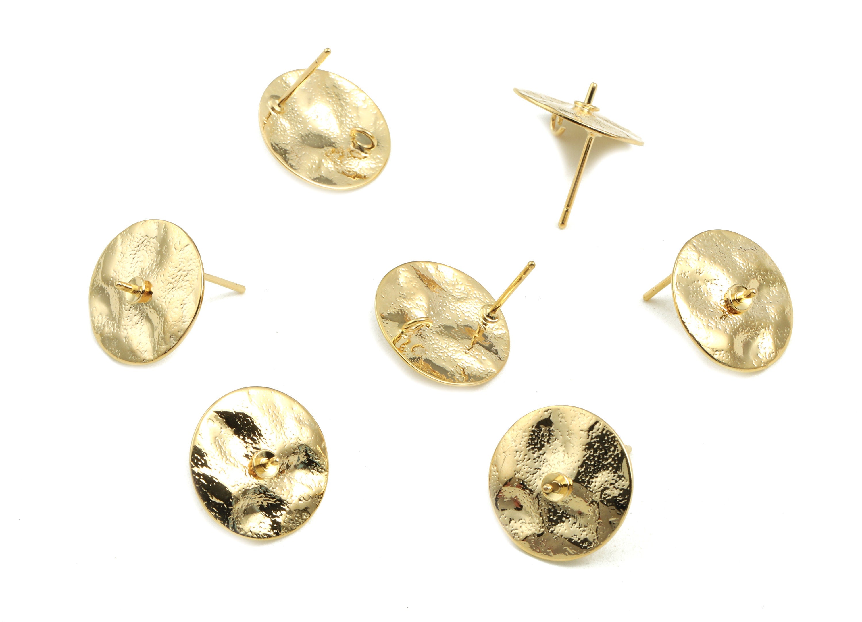 Brass Round Earring Post With Loop - Brass Circle Earring Stud For Pearl - 18K Real Gold Plated Brass - 15.21x6.26x0.71mm - RGP2383 - DOMEDBAZAAR