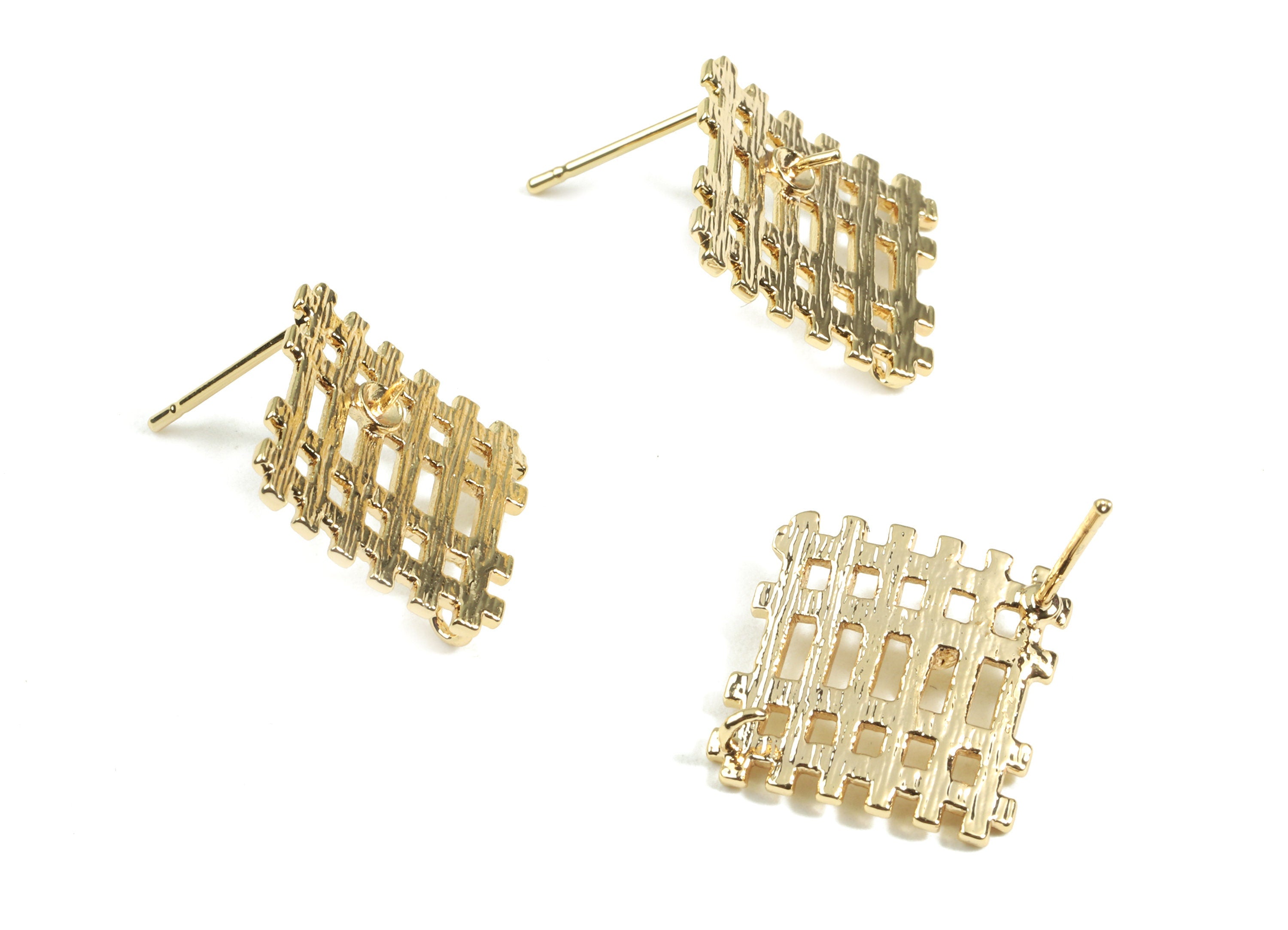 Brass Gold Square Earring Post - Brass Fence Square Stud With Loop - 18K Real Gold Plated Brass - Surgical Stud - 15.4x15.4x3.23mm - RGP2357 - DOMEDBAZAAR