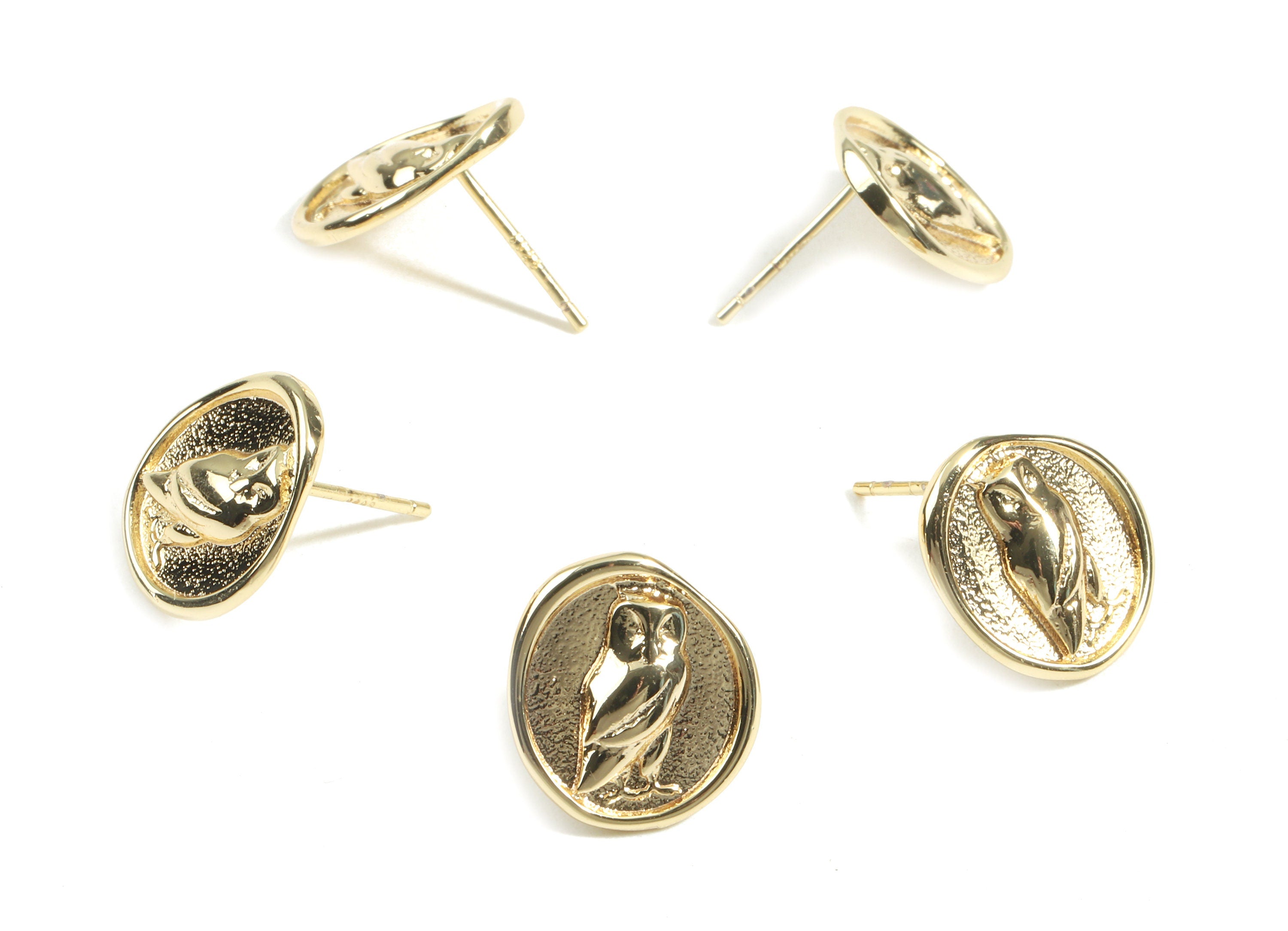 Brass Hoot Owl Earring Stud - Brass Owl Earring Post - 18K Real Gold Plated Brass - Jewelry Supplies - 13.94x12.6x2.2mm - RGP2354 - DOMEDBAZAAR