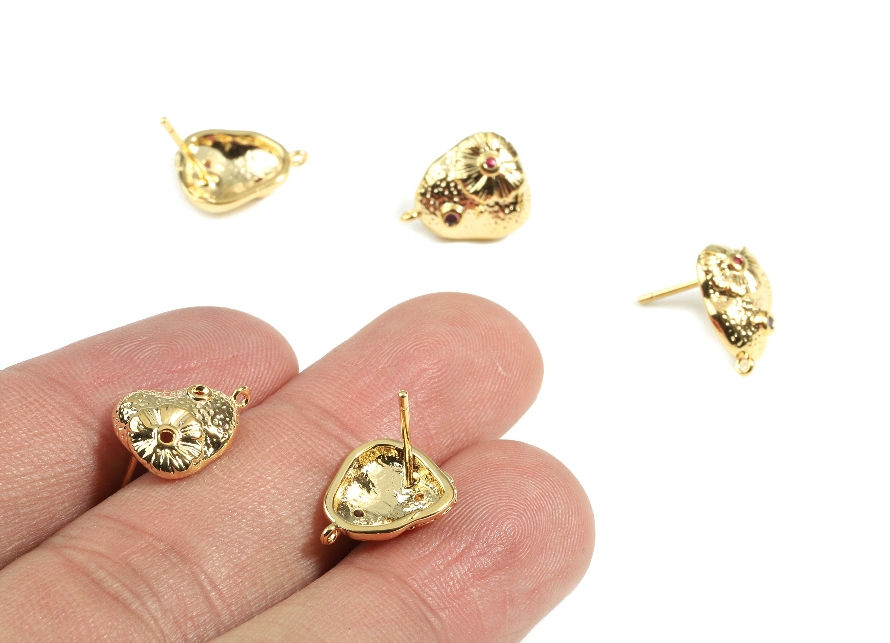 Brass Mushroom Earring Stud With Loop - Brass Mushroom Earring Post With Zircons - 18K Real Gold Plated Brass - 12.88x10.29x1.54mm - RGP2439 - DOMEDBAZAAR