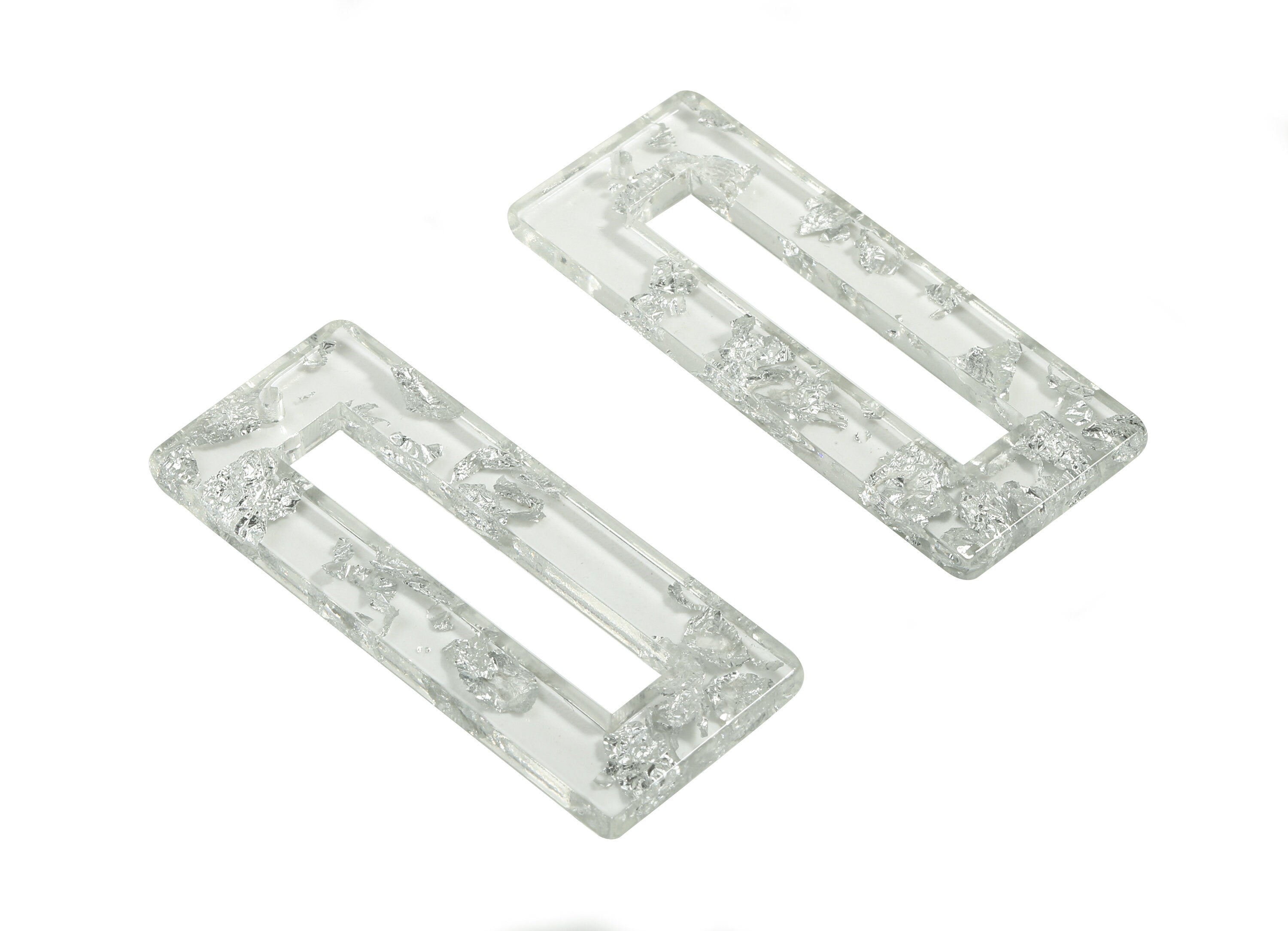 Acetate Rectangle Charms - Rectangle Earrings and Pendant - Silver Foil & Confetti - Color Code: A254 - 47.11x19.6x2.57mm - AC1025-A254 - DOMEDBAZAAR