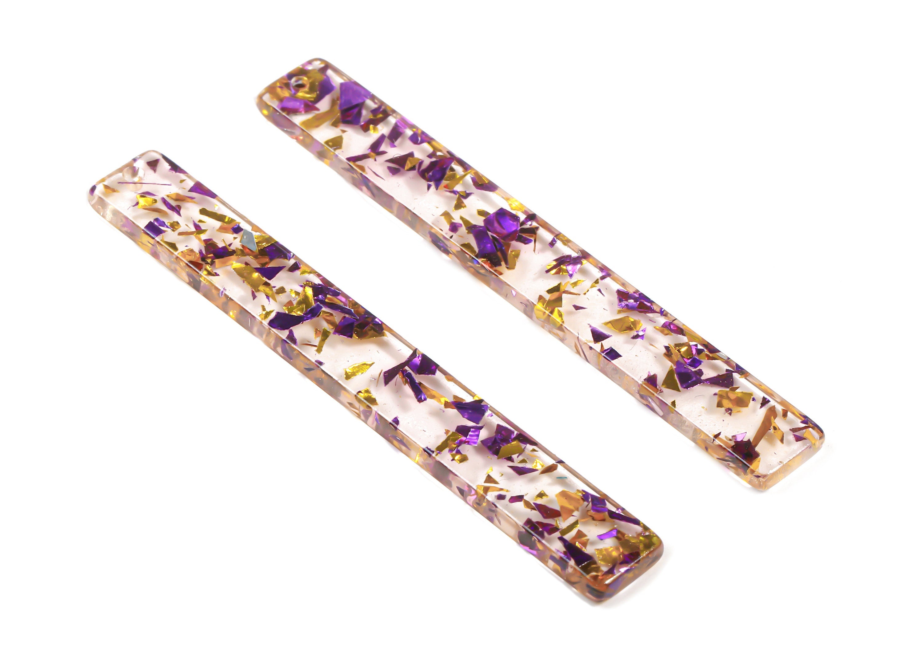 Acrylic Stick Charms - Purple & Gold Confetti - Bar Earrings and Pendant - Color Code: A388 - 59.88x8x2.56mm - AC1049-A388 - DOMEDBAZAAR